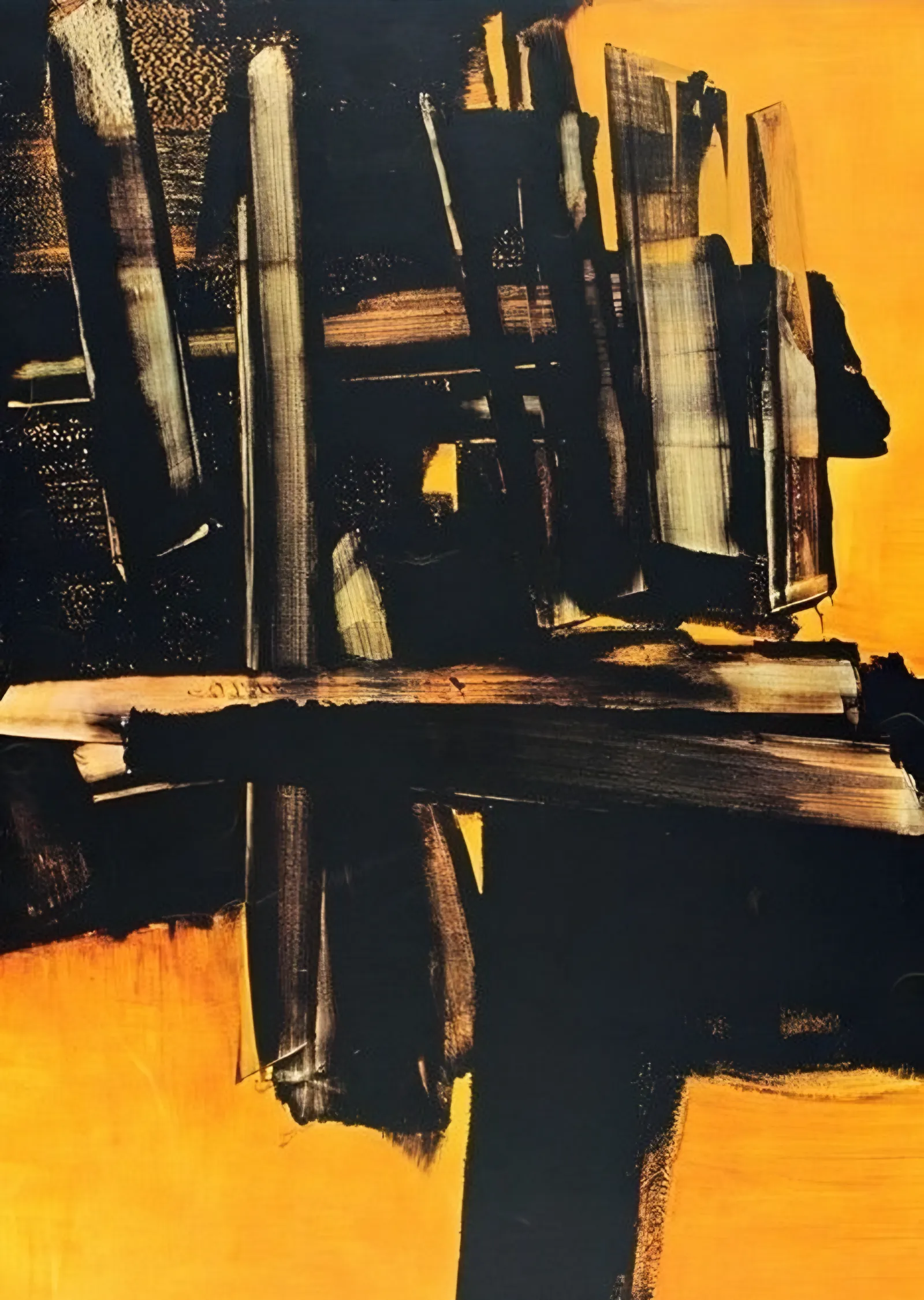 Sarı Zeminde Siyah Kirişler - Pierre Soulages metal tablo