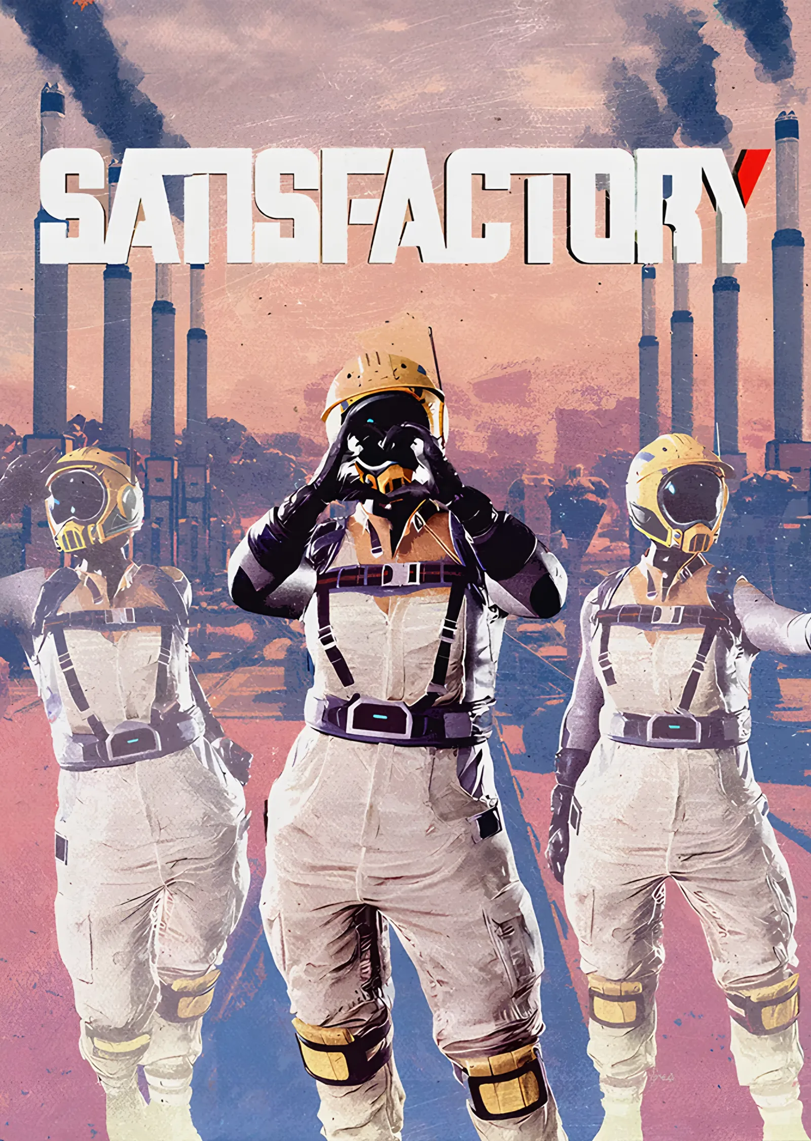 Satisfactory: Bacaların Önünde Üç Kaşif metal tablo