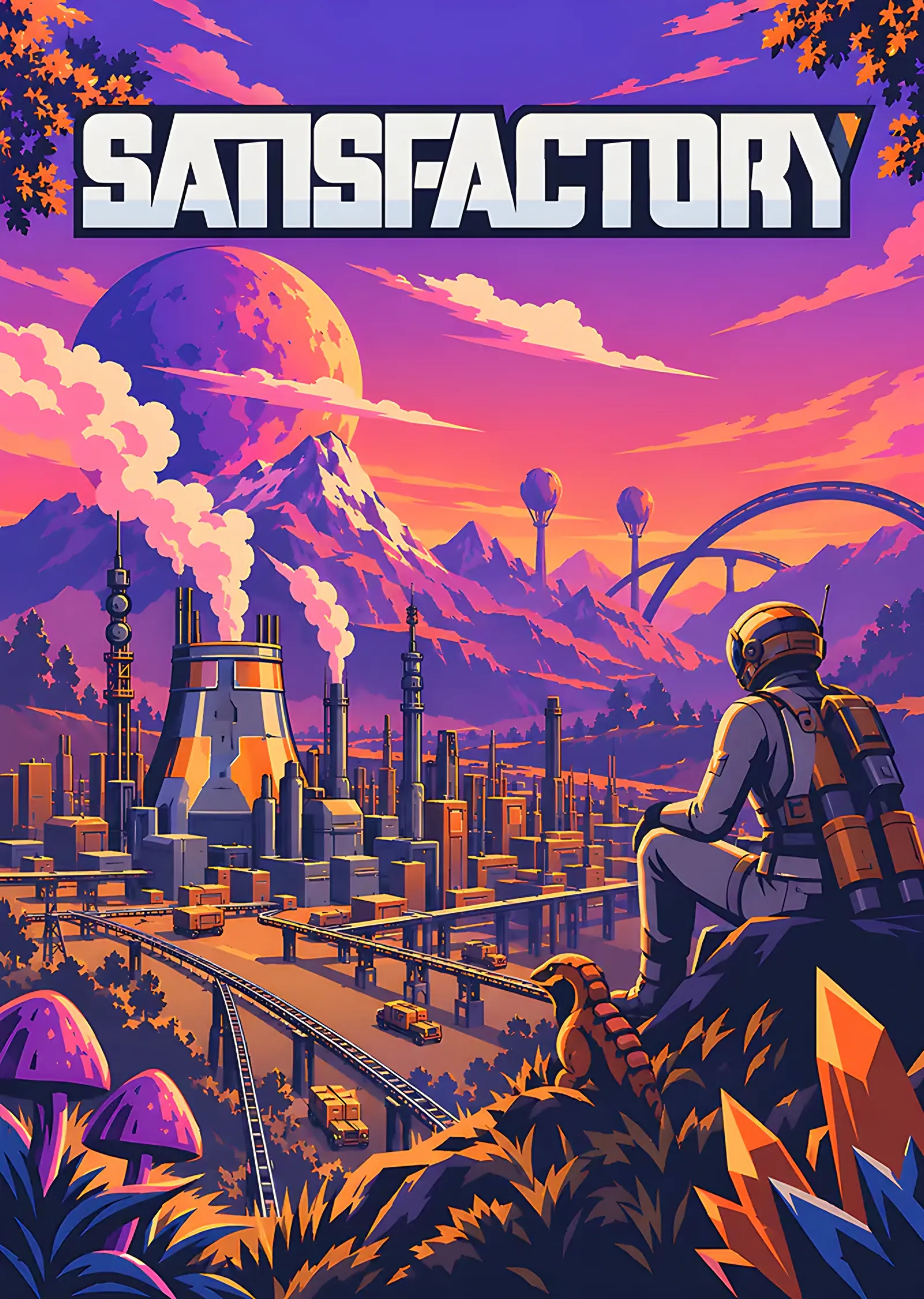 Satisfactory: Mor Gün Batımında Fabrika Vadisi metal tablo