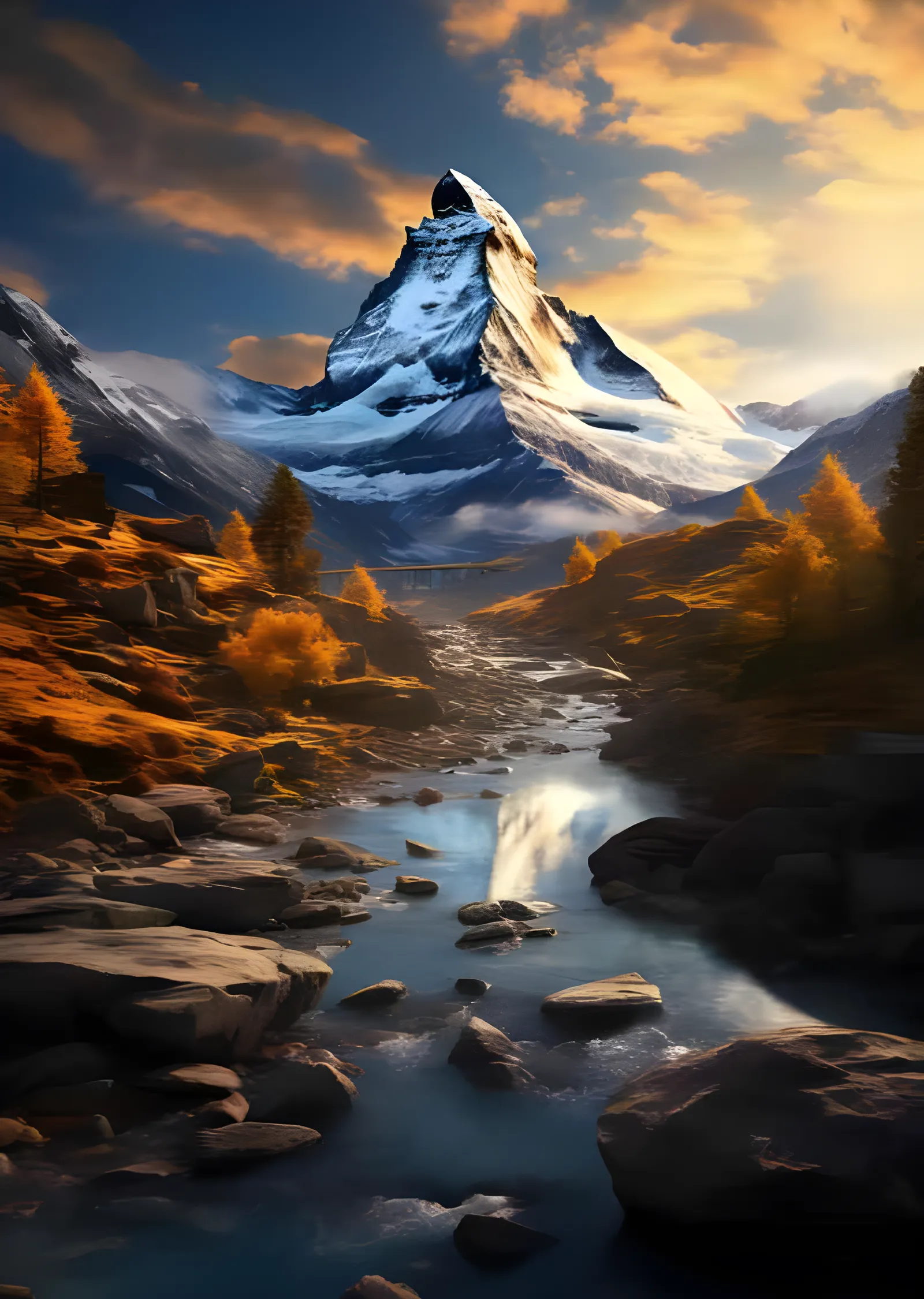 Matterhorn - Akşam Işığında Dağ Deresi metal tablo