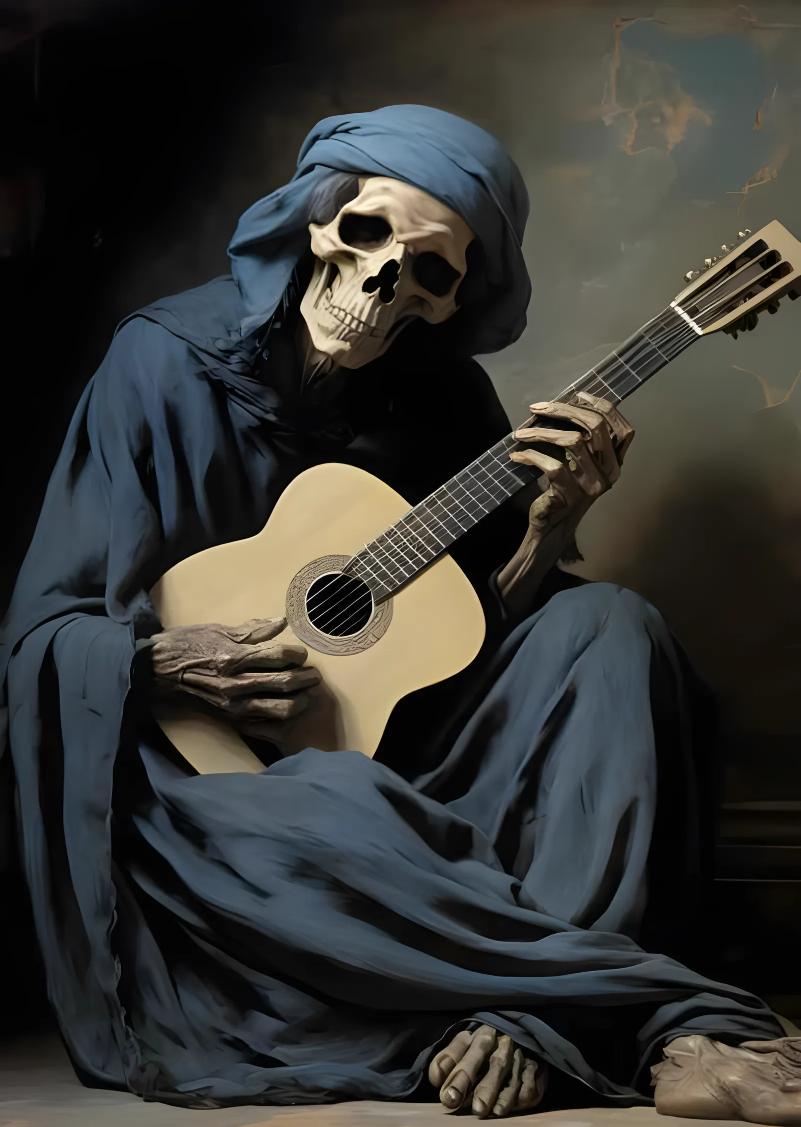 Mavi Cübbeli İskelet - Gitar Nağmesi metal tablo