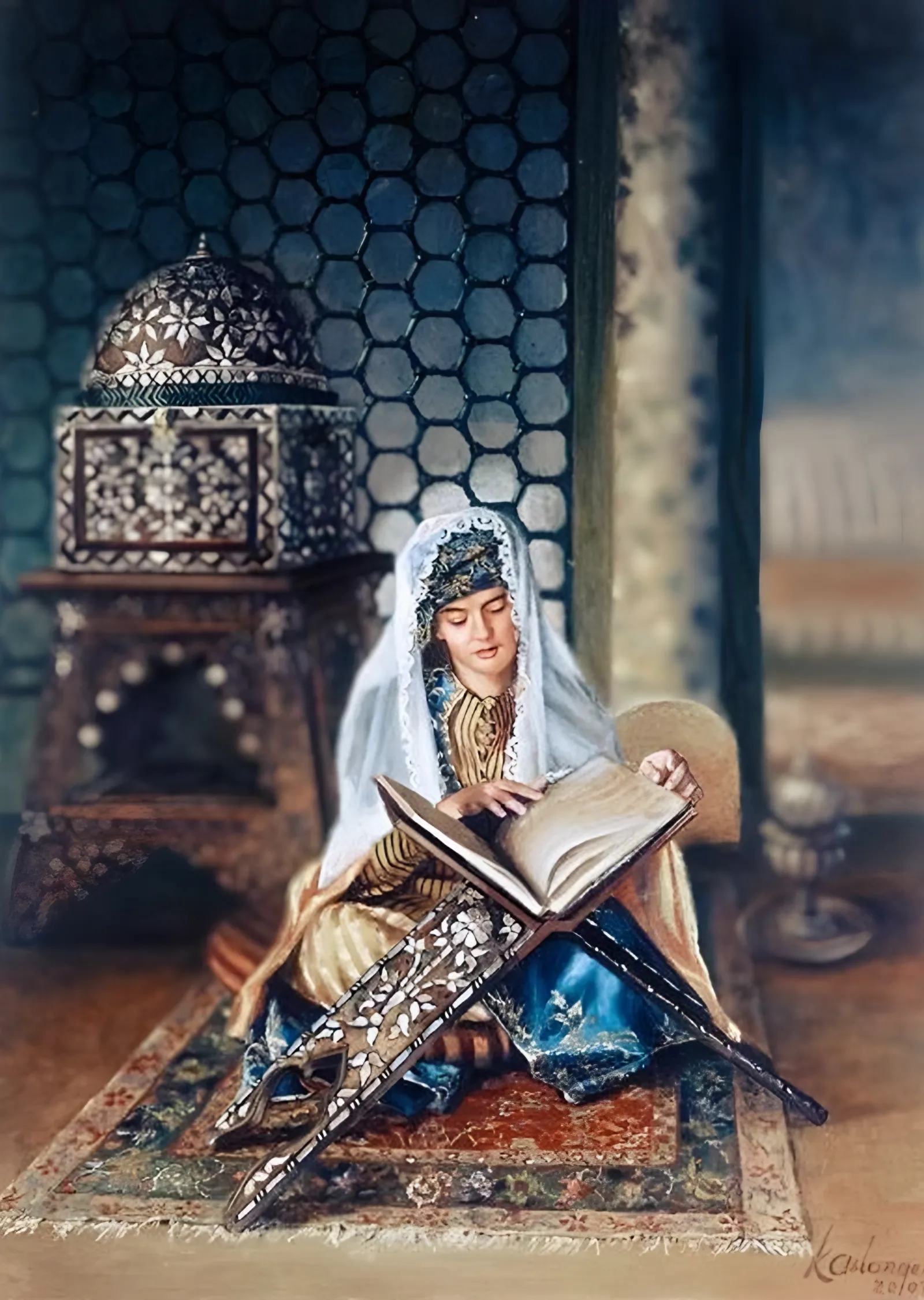 Seccadede Kitap Okuyan Kadın metal tablo