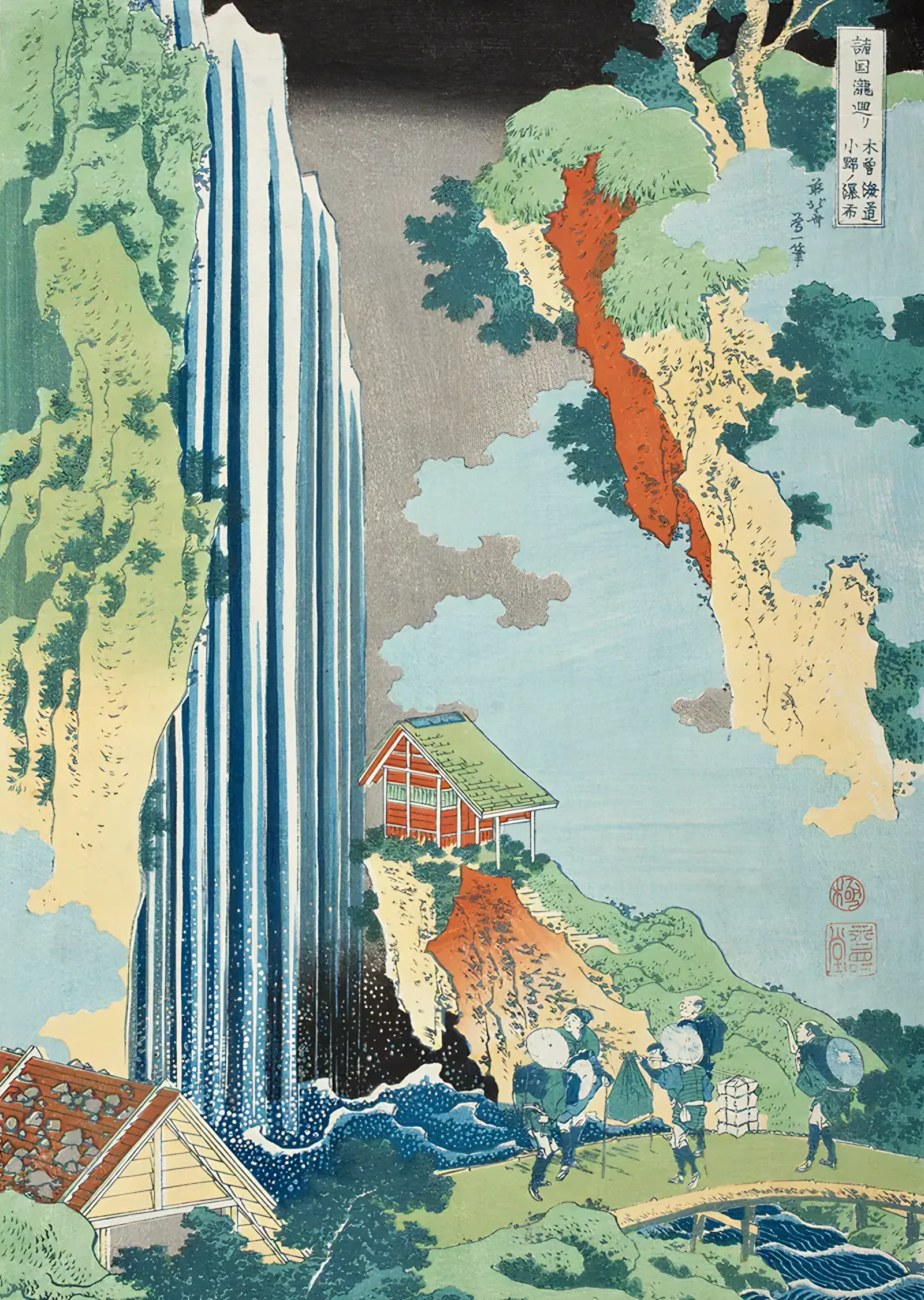 Şelale ve Köy - Katsushika Hokusai metal tablo
