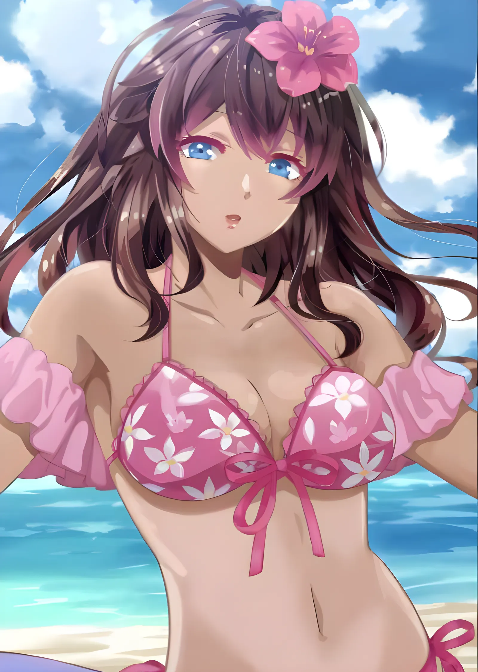 Hibiskuslu Anime Kız - Pembe Bikini Yazı metal tablo