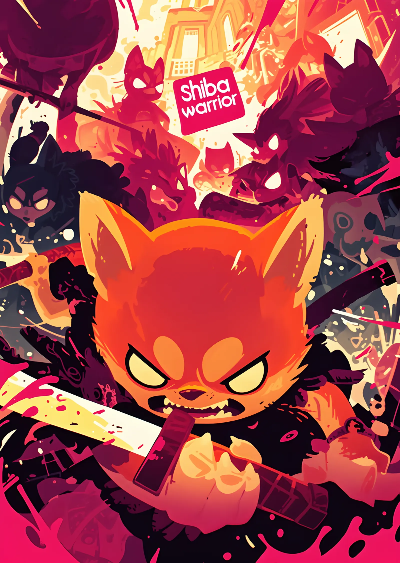 Shiba Warrior: Kızıl Zeminde Öfkeli Köpek metal tablo