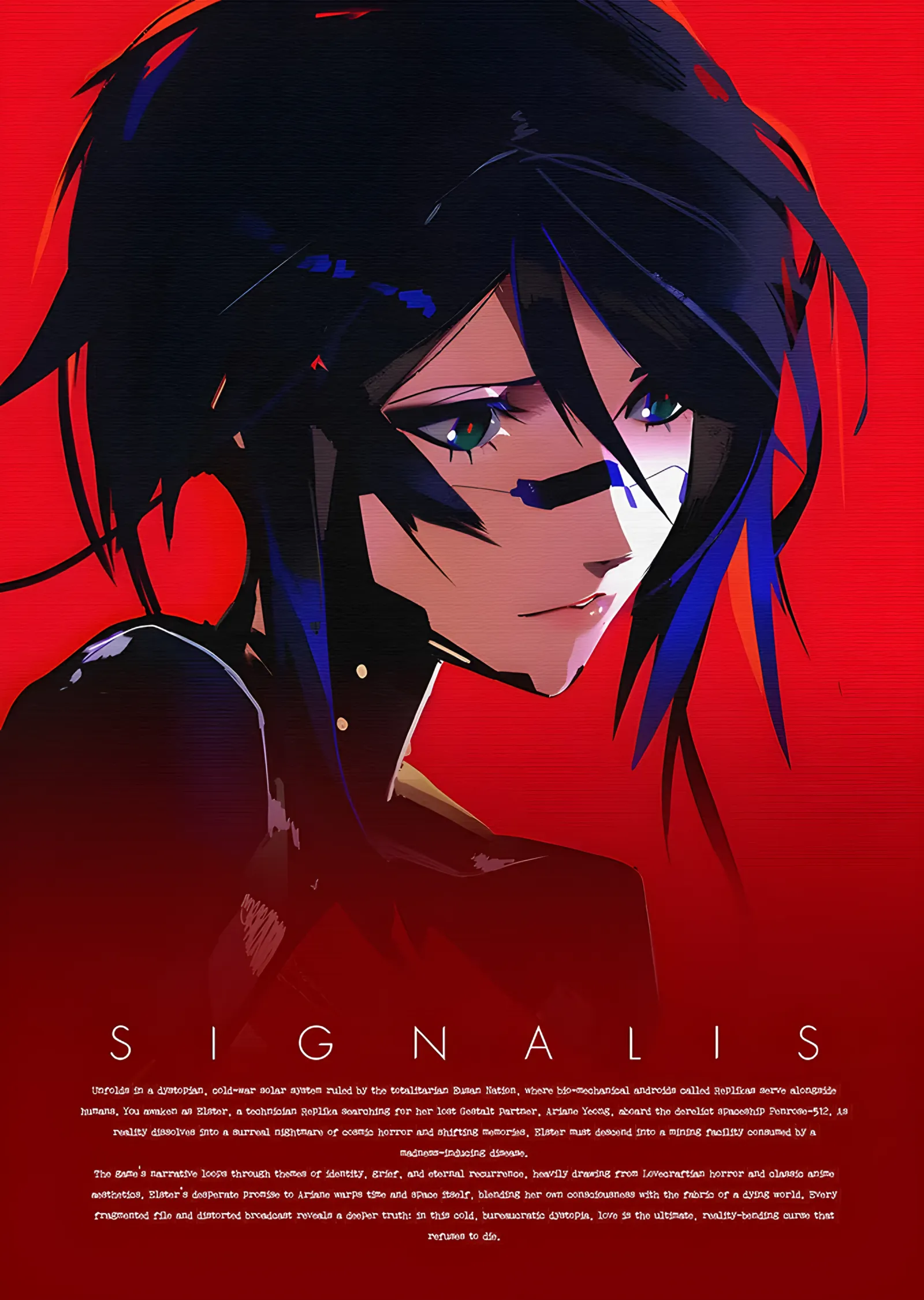 Signalis: Kızıl Zeminde Mavi Saçlı Android metal tablo