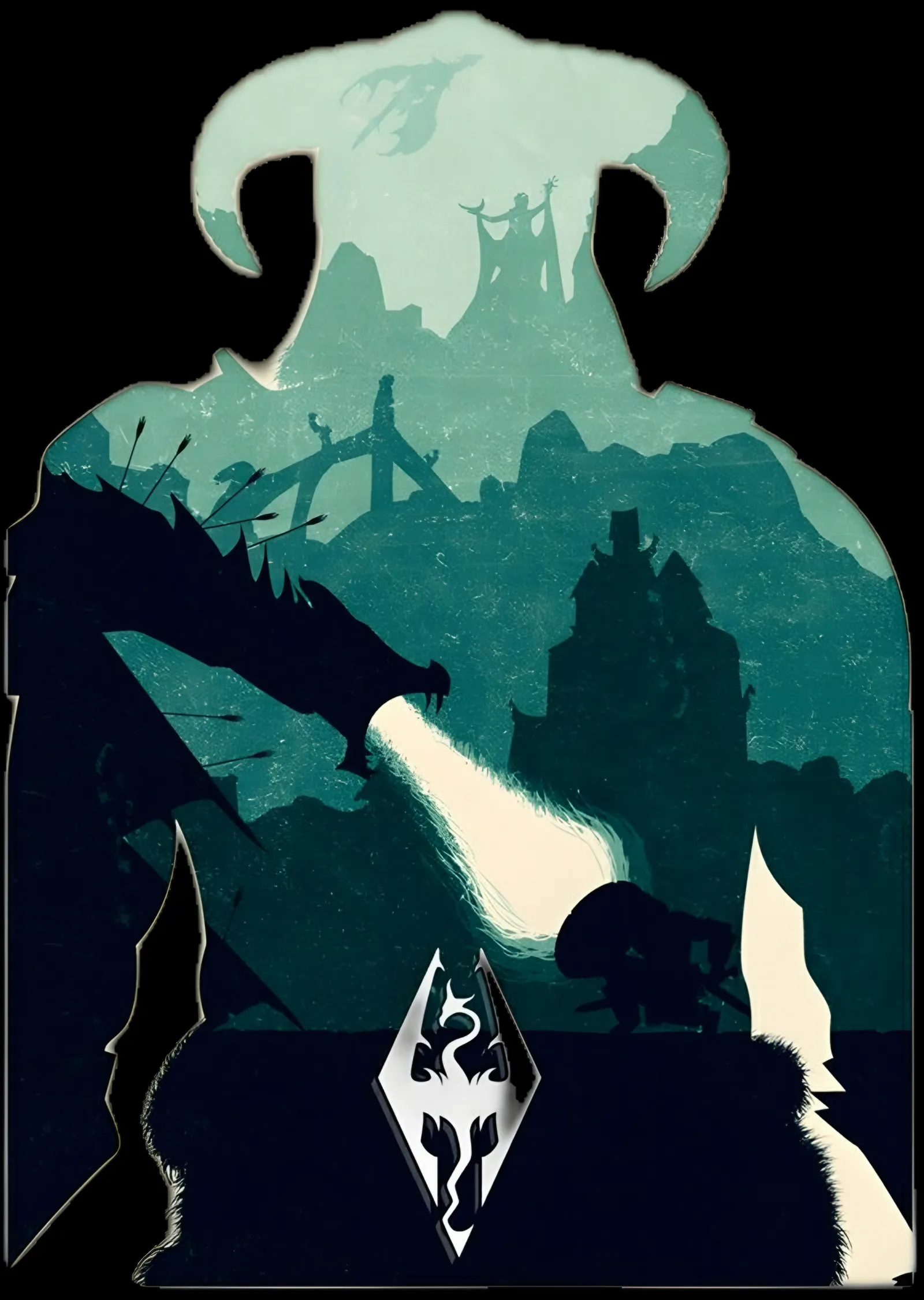 Skyrim Turkuaz Siluet metal tablo