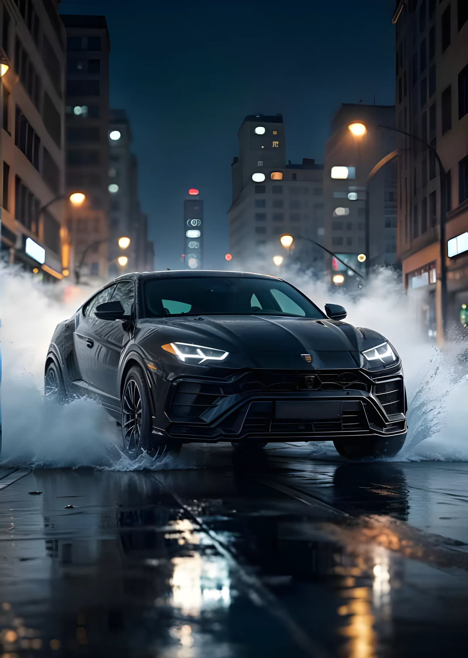 Lamborghini Urus - Islak Şehir Gecesi metal tablo