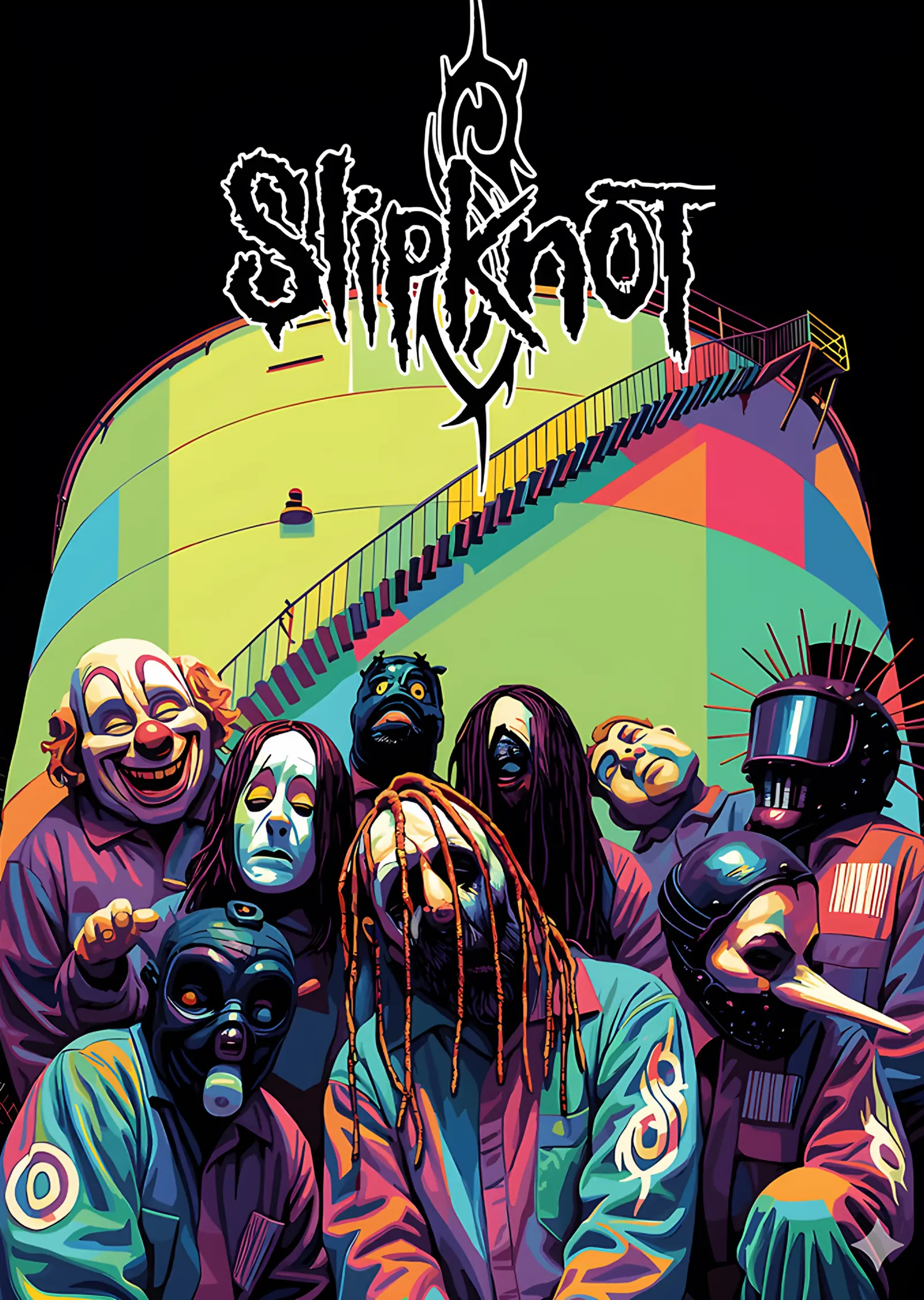 Slipknot: Renkli Zeminde Maskeli Kadro metal tablo