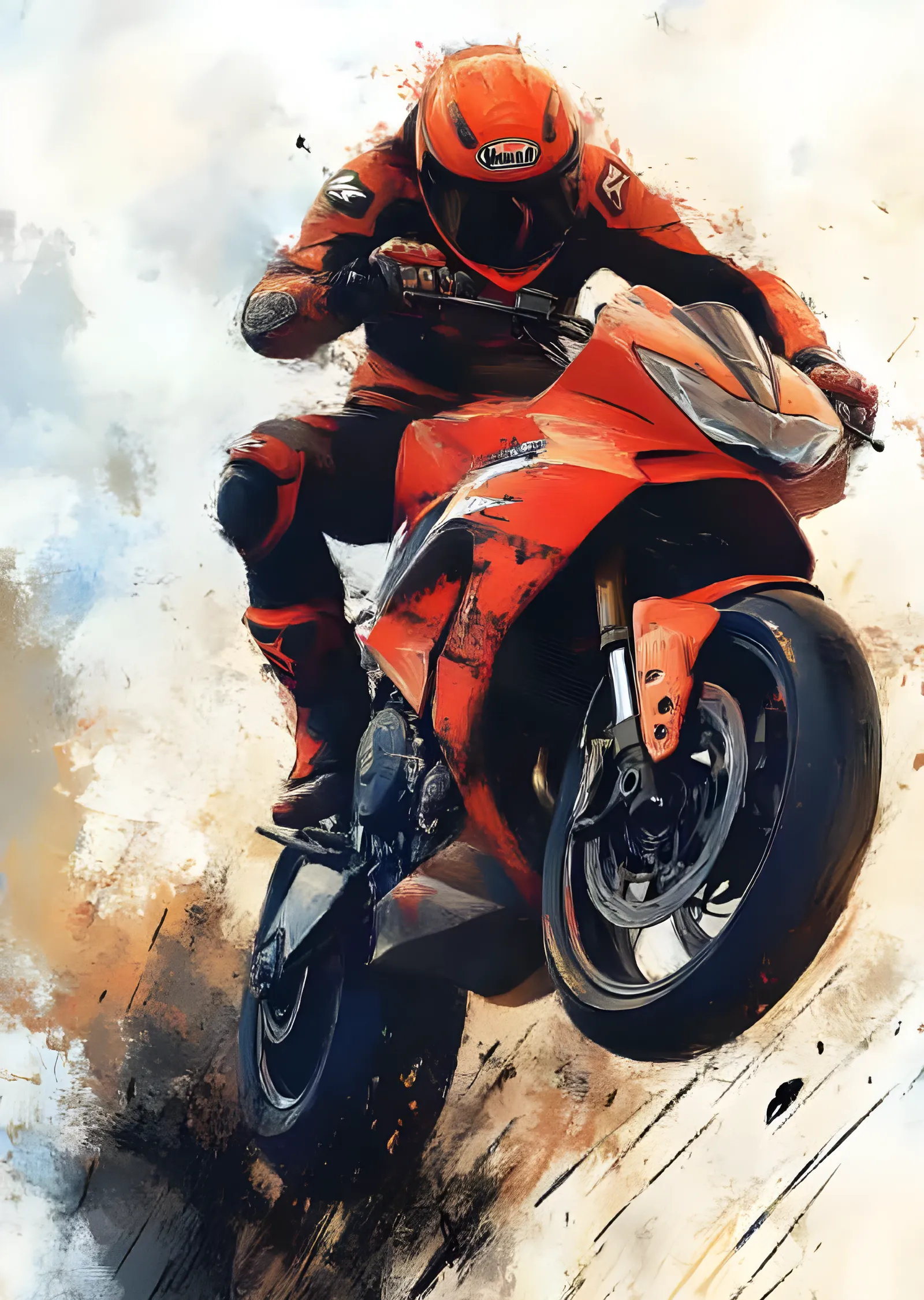 Turuncu Sportbike - Toz Bulutunda Wheelie metal tablo