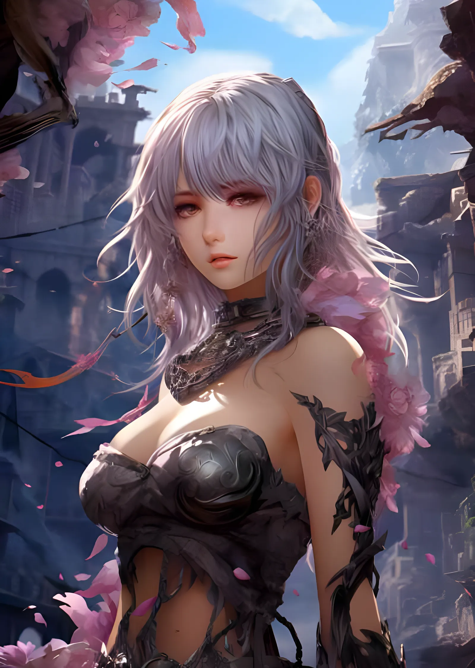 Sakura Harabelerinde Gümüş Saçlı Anime Kızı metal tablo