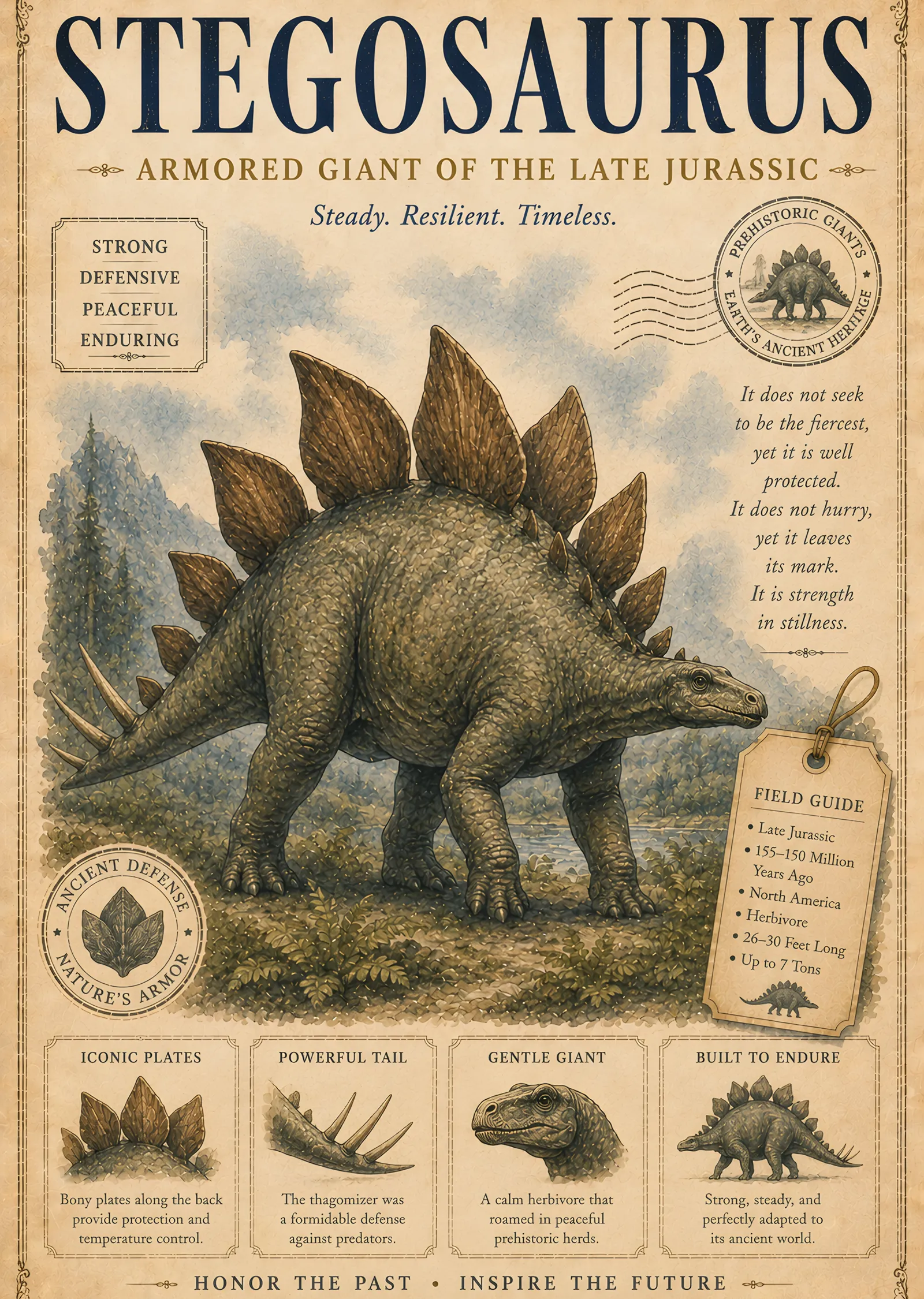 Stegosaurus - Vintage Doğa Rehberi metal tablo