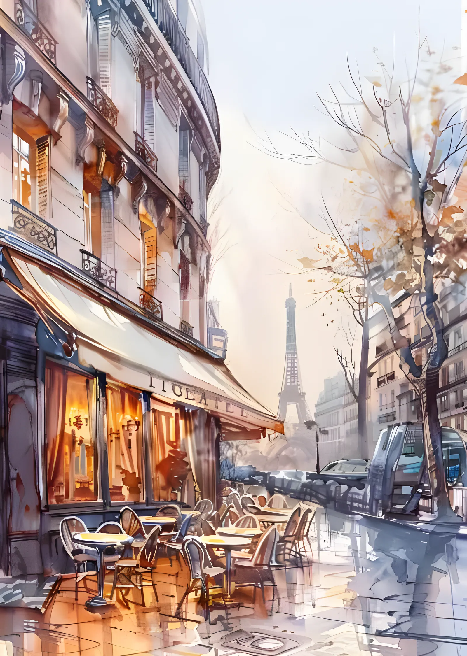 Paris Kafe Sokağı - Eyfel Kulesi Suluboyası metal tablo