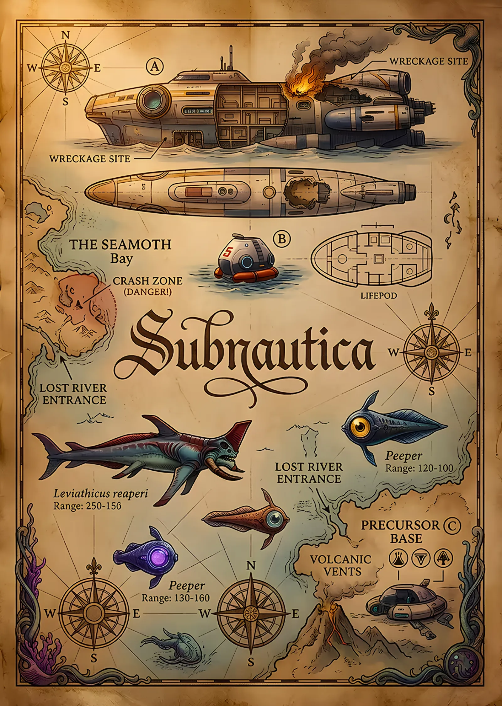 Subnautica: Eskitilmiş Deniz Haritası metal tablo
