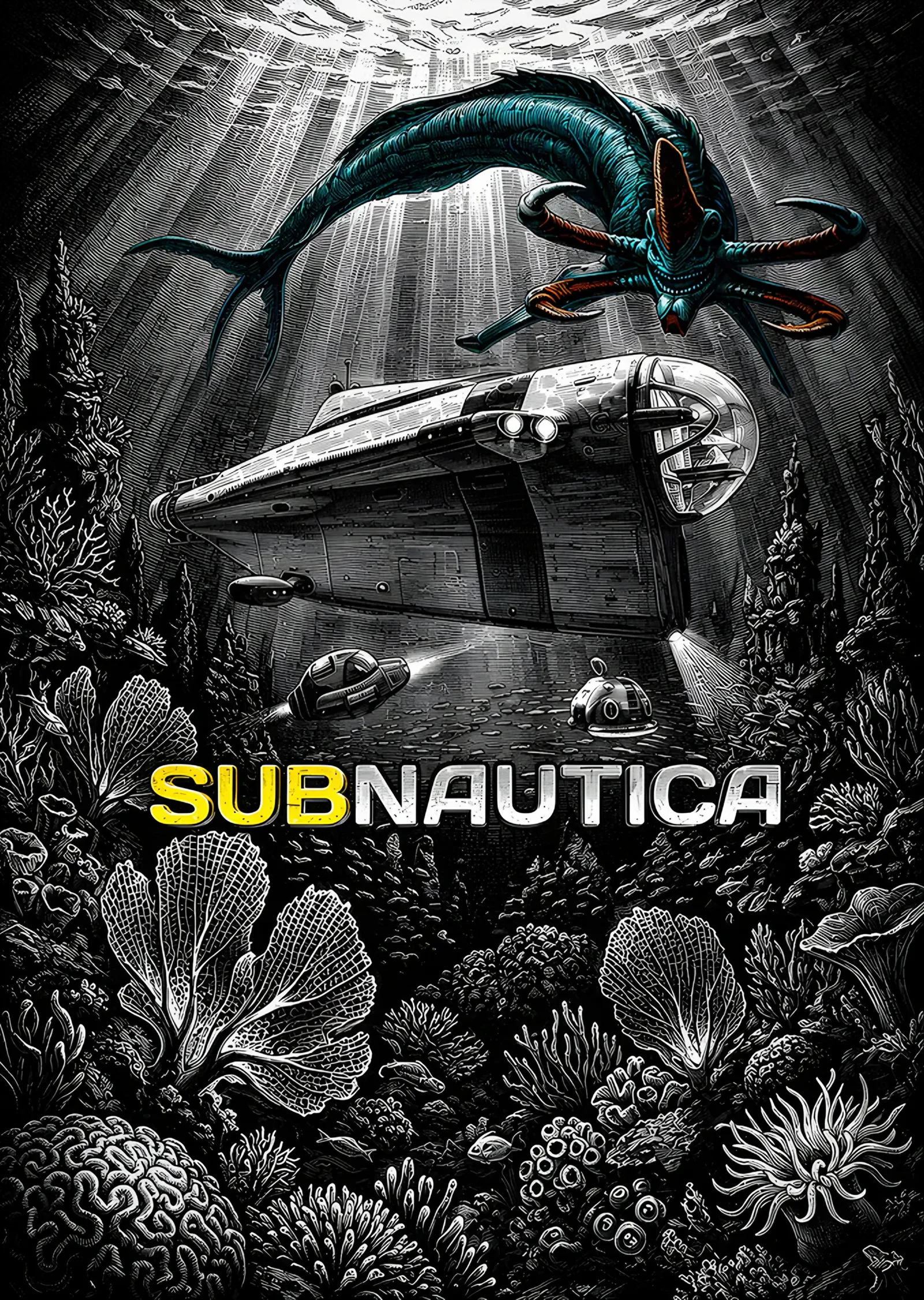 Subnautica: Gravürde Denizaltı ve Yaratık metal tablo