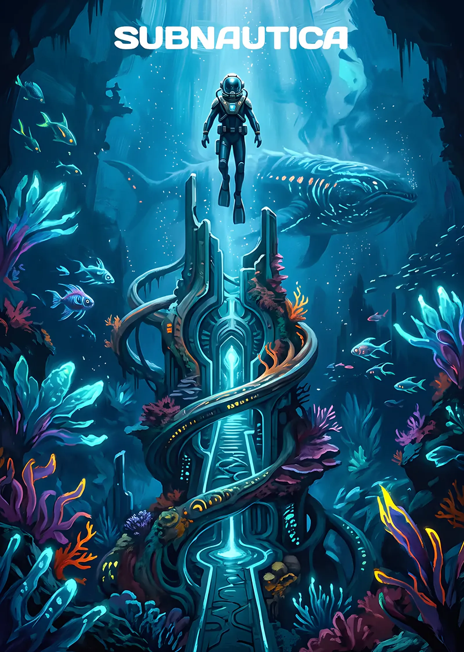 Subnautica: Işıldayan Bitkilerin Arasında Dalgıç metal tablo
