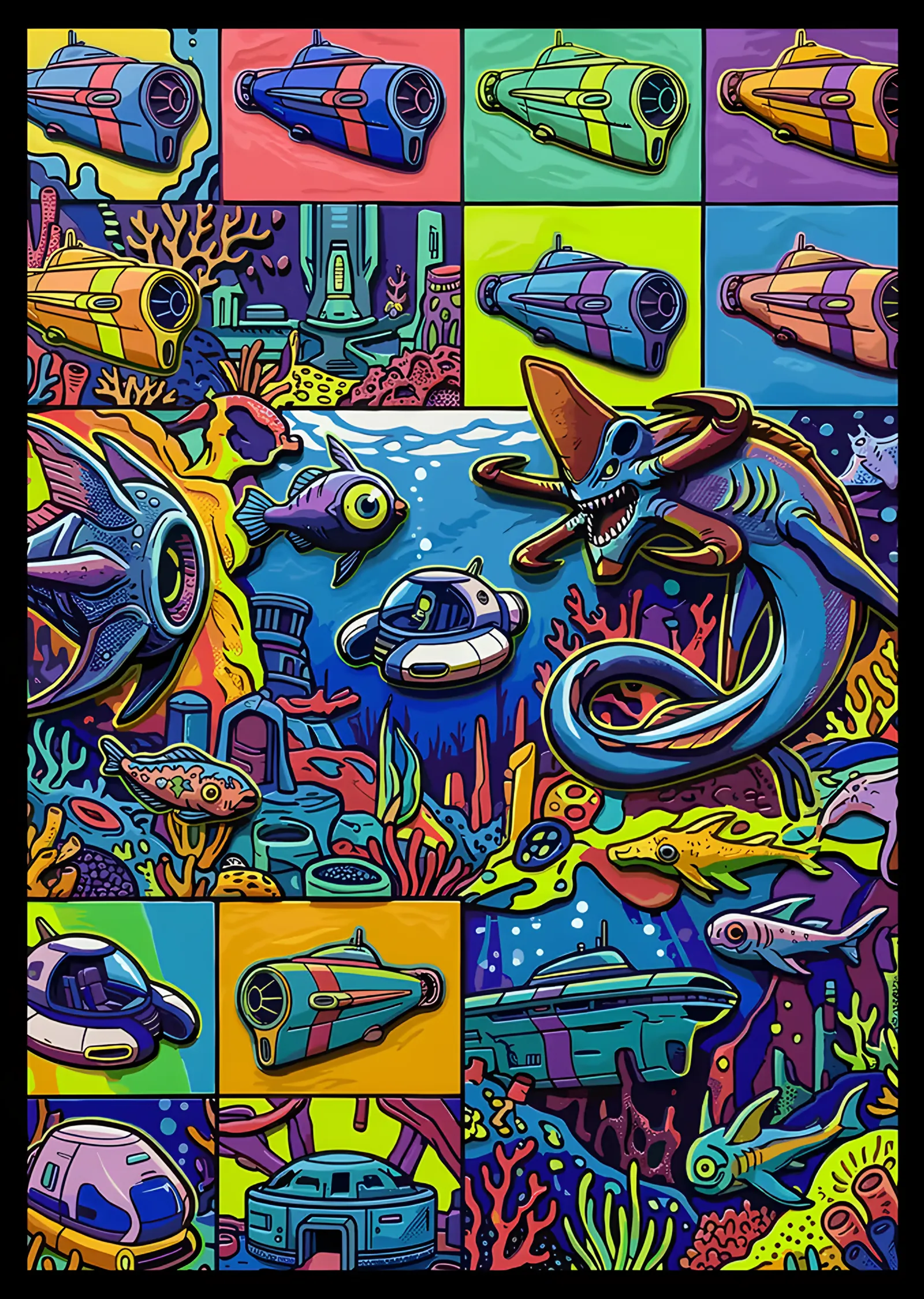 Subnautica: Pop Art Karelerde Sualtı Kolajı metal tablo