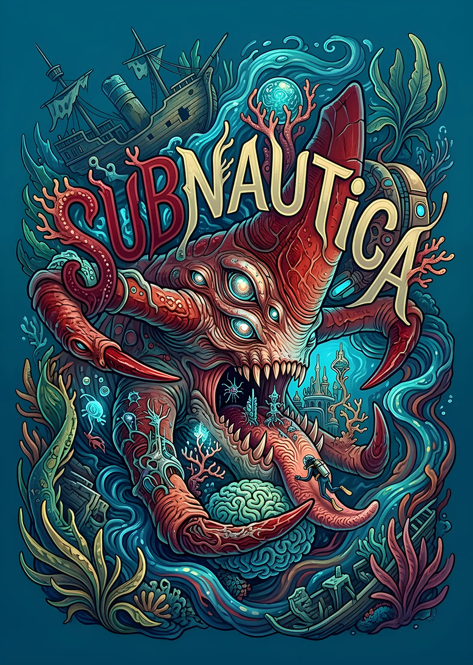 Subnautica: Süslemeli Zeminde Kızıl Leviathan metal tablo