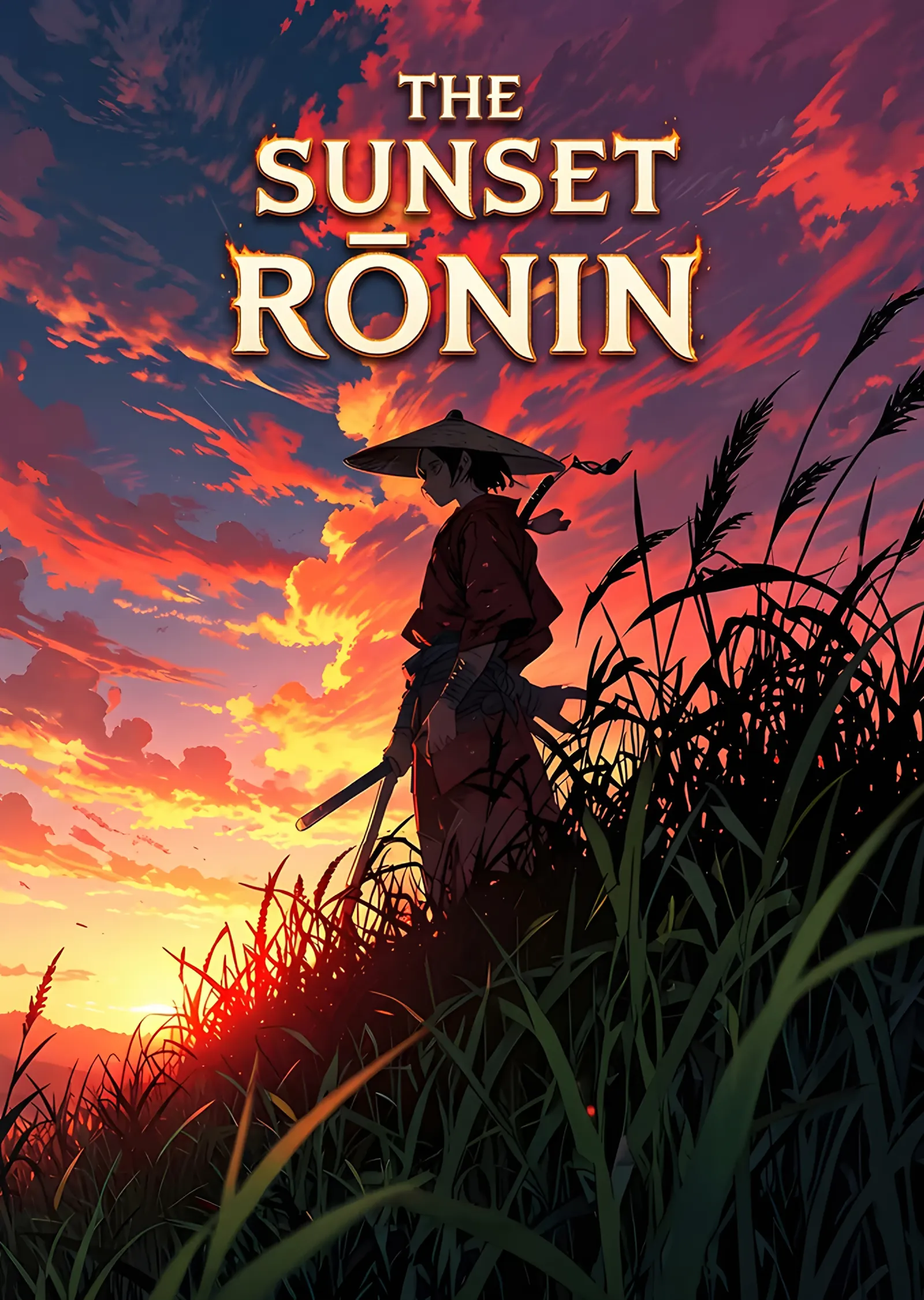 Sunset Ronin: Alev Rengi Gökte Silüet metal tablo