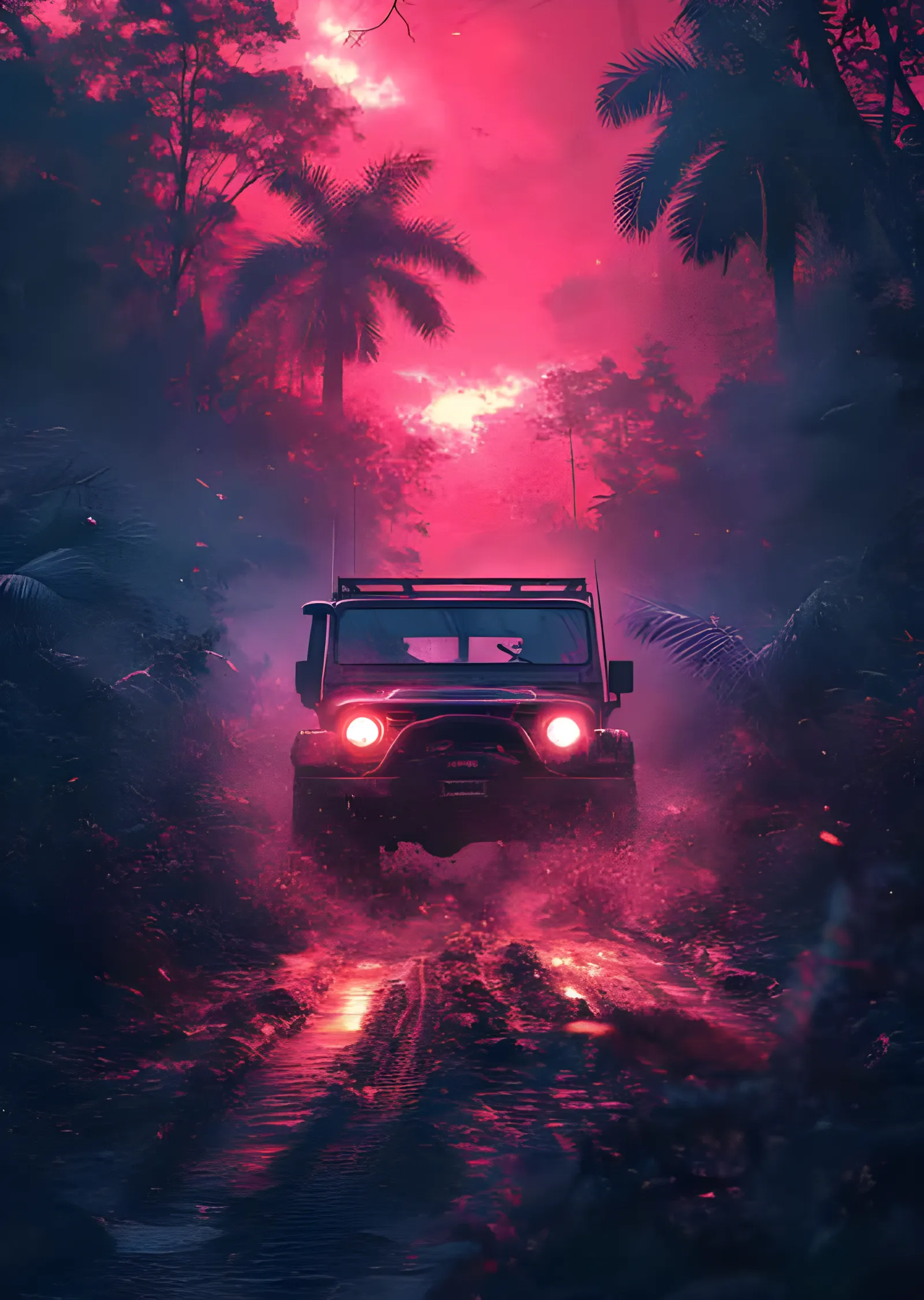 Neon Ormanda Arazi Aracı: Pembe Sis metal tablo