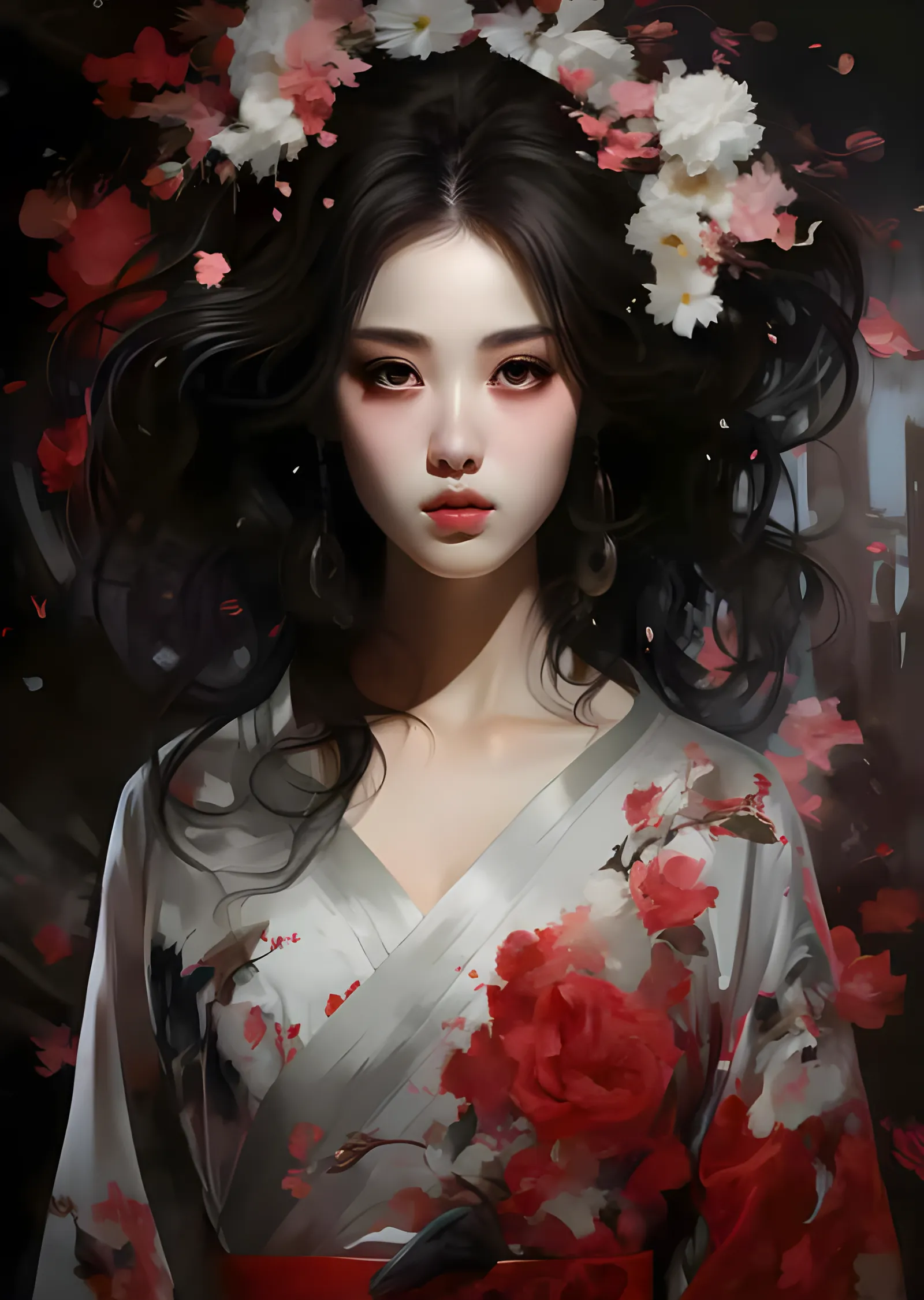 Geyşa Portresi - Kırmızı Kamelyalı Kimono metal tablo