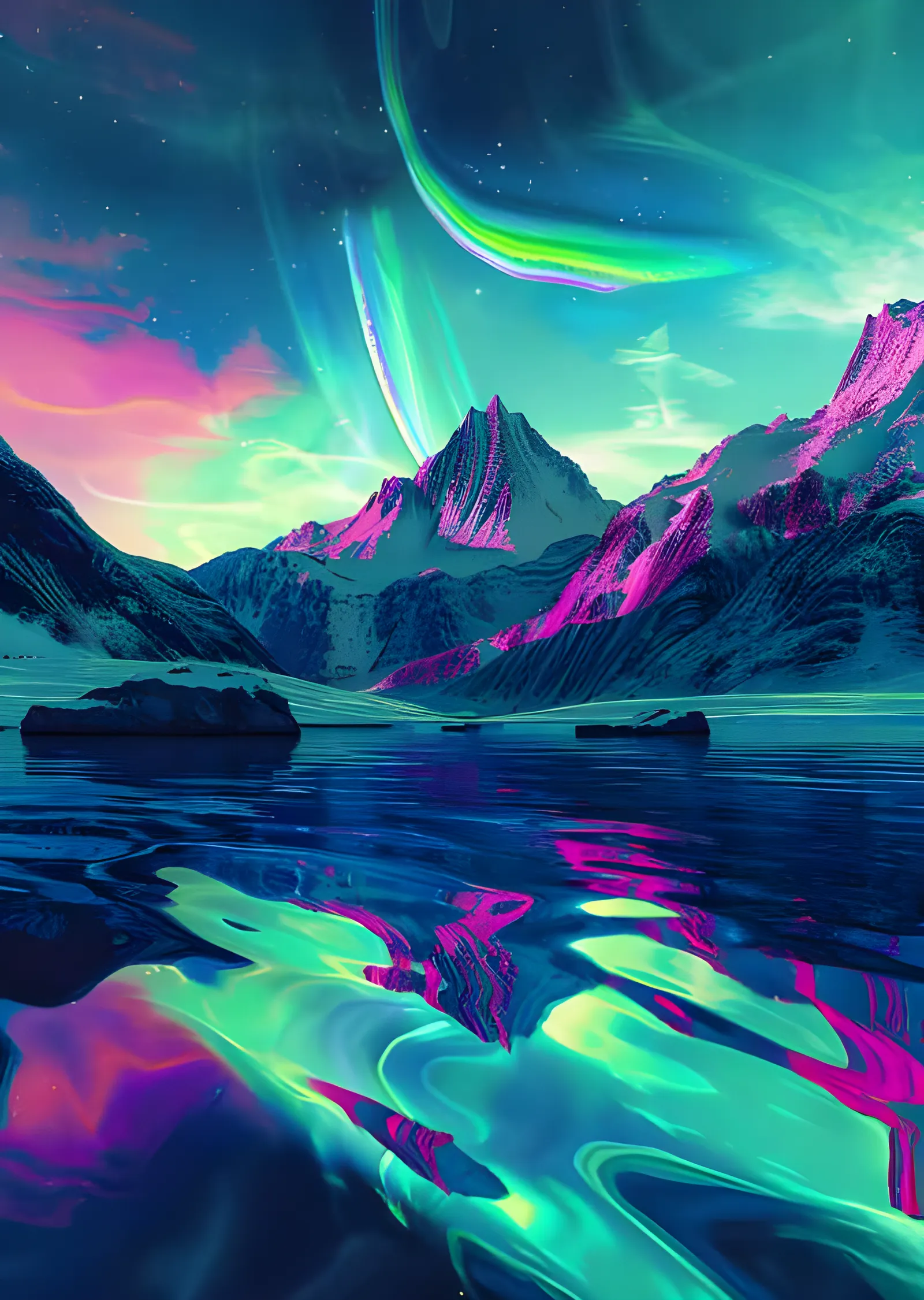 Kuzey Işıkları - Neon Aurora ve Dağ Yansıması metal tablo