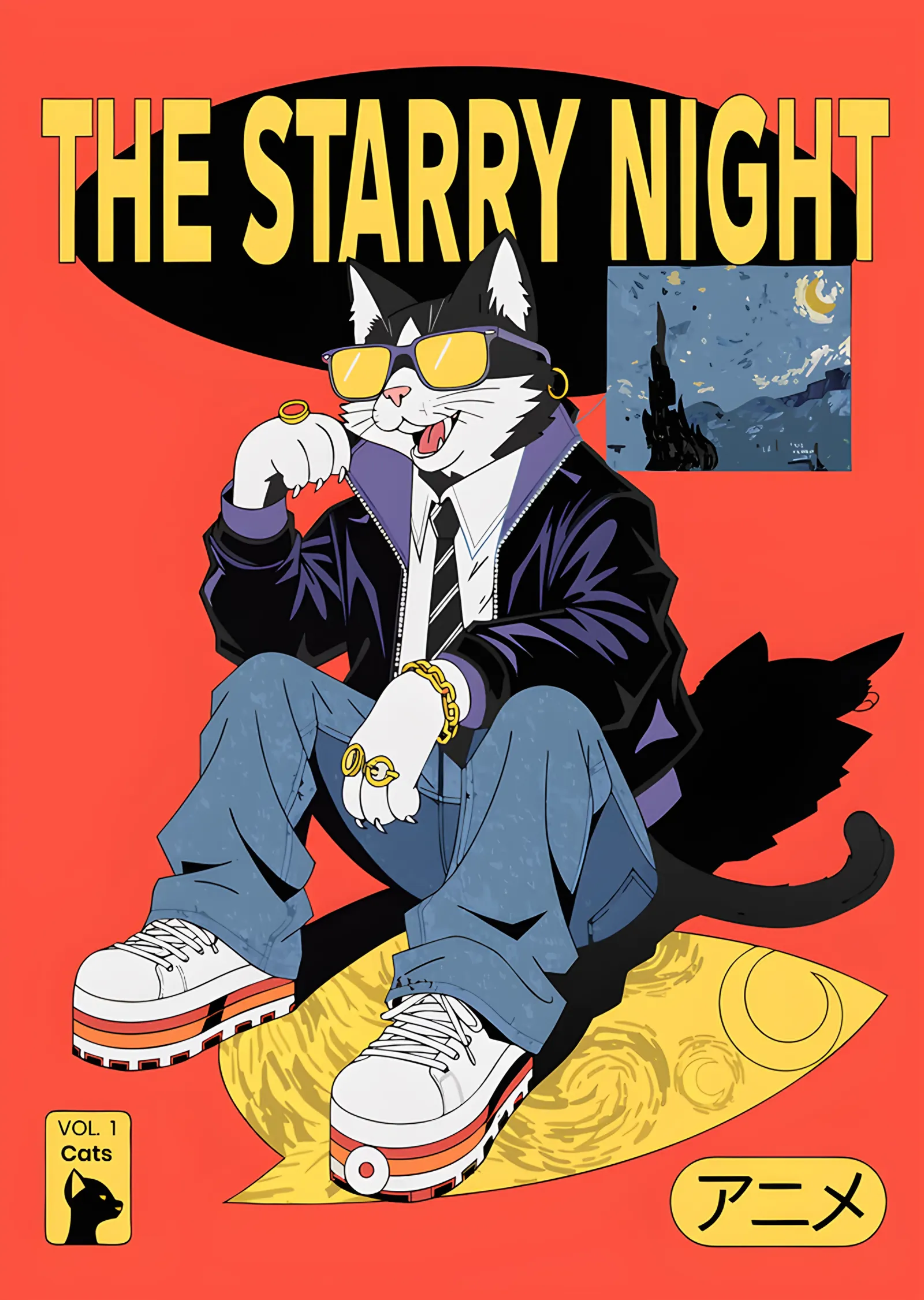 The Starry Night: Kaykaylı Havalı Kedi metal tablo