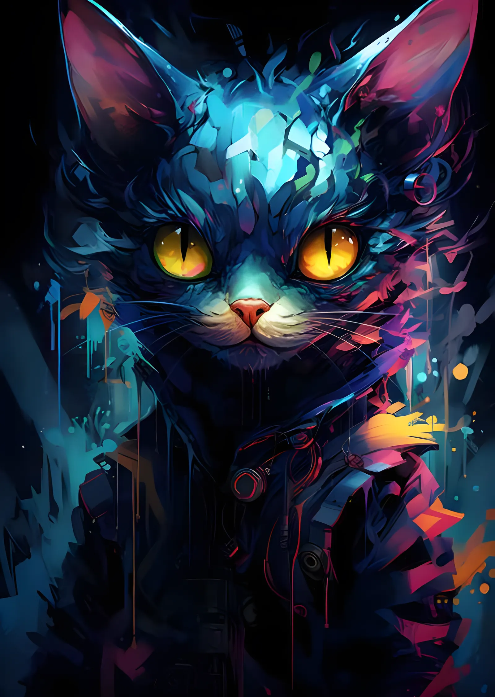 Neon Kedi - Sarı Gözler ve Damlayan Boya metal tablo