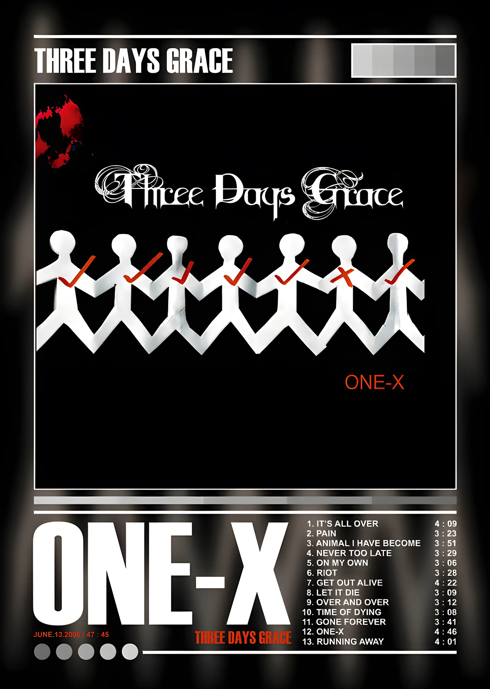 Three Days Grace - One-X Şarkı Listesi metal tablo