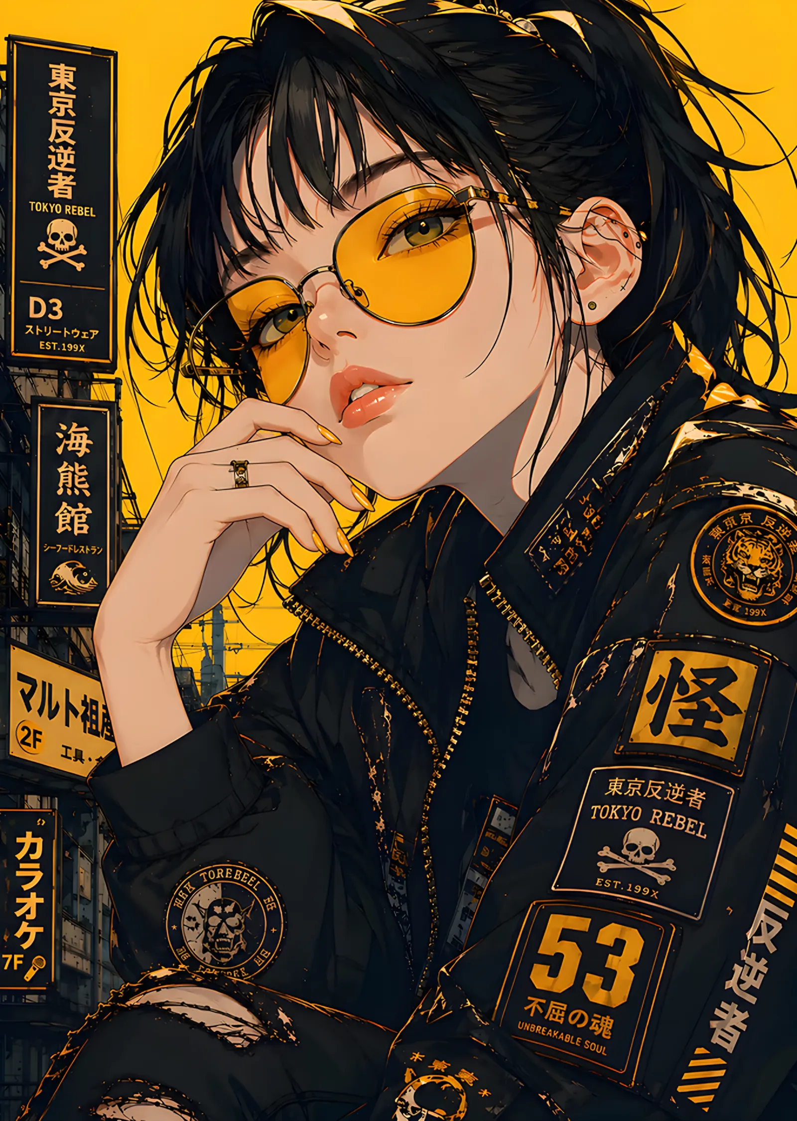 Tokyo Rebel: Sarı Gözlüklü Sokak Modası Kızı metal tablo