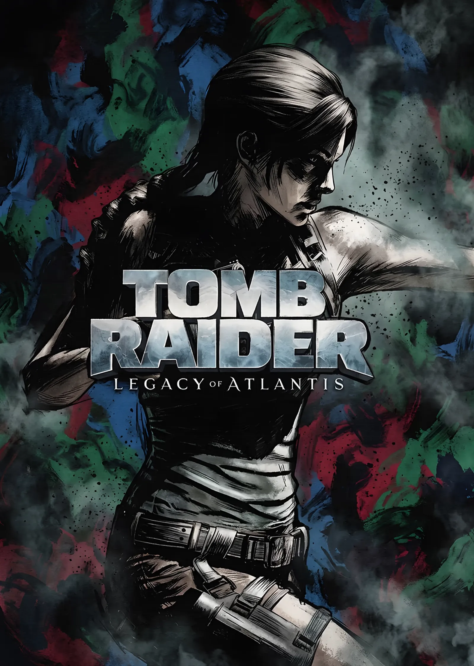 Tomb Raider: Renkli Duman İçinde Lara Silüeti metal tablo