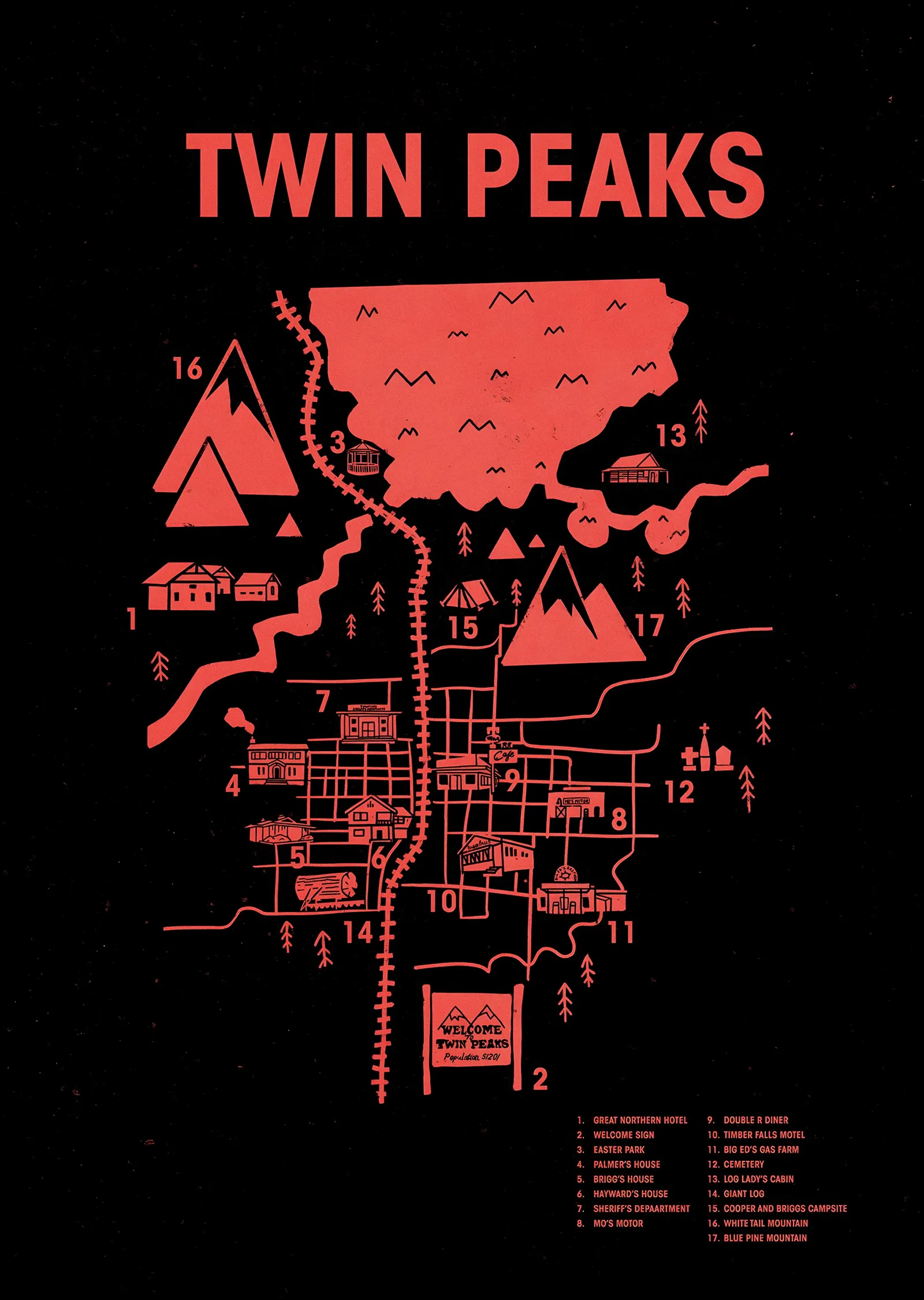 Twin Peaks - Kırmızı Kasaba Haritası metal tablo
