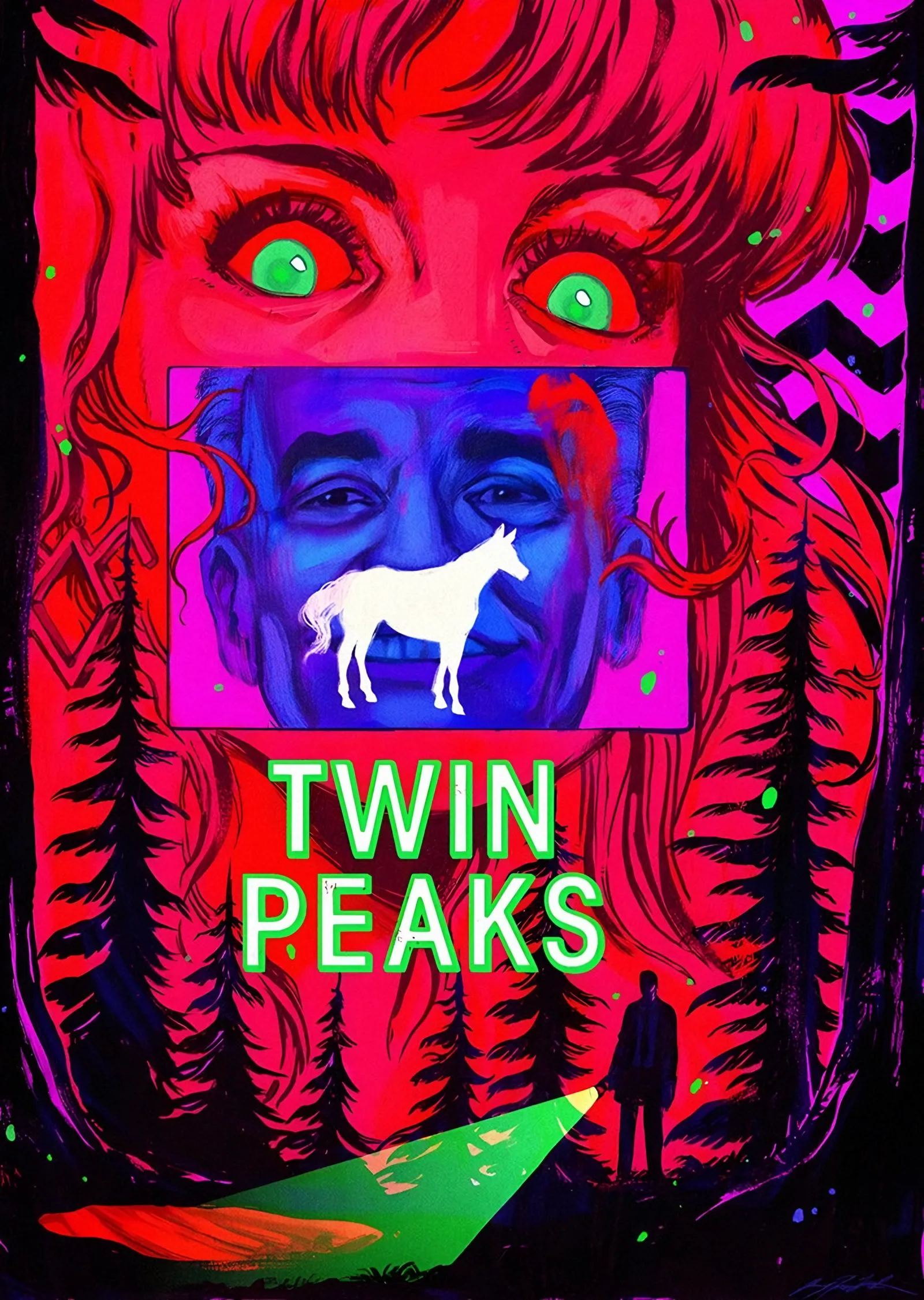 Twin Peaks - Neon Ormanda Beyaz At metal tablo