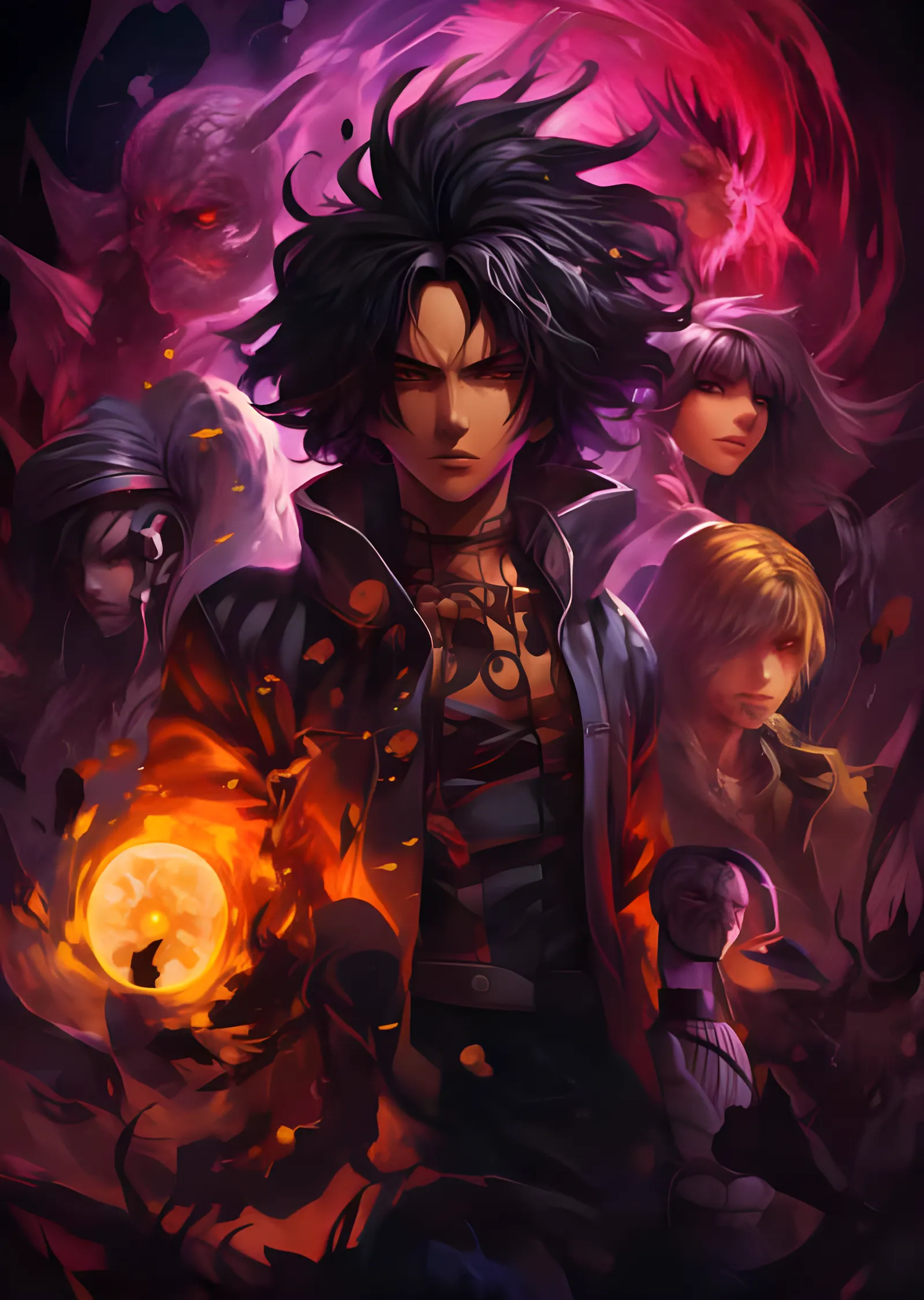 Mor Karanlıkta Anime Kolajı - Ateş Küreli Genç metal tablo