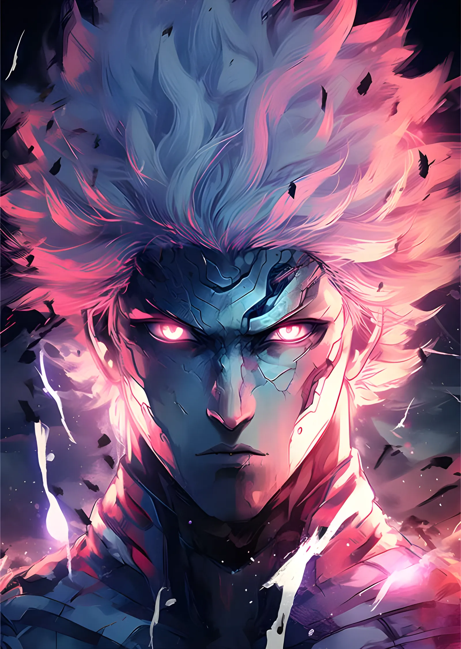 Çatlak Yüzlü Anime Savaşçı - Neon Kızıl Bakış metal tablo