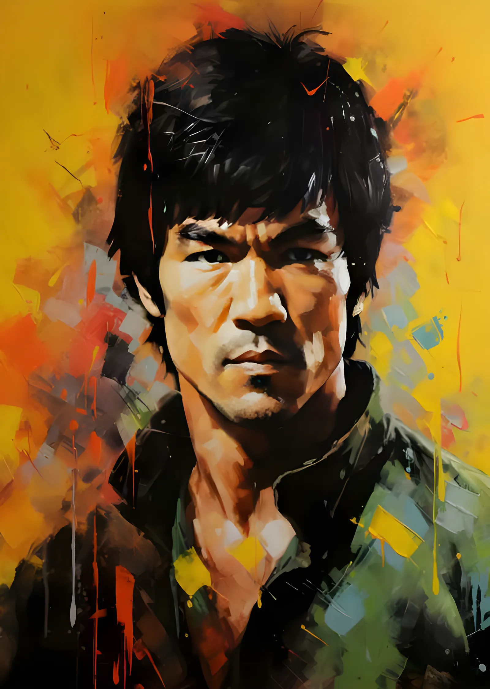Bruce Lee - Sarı Zeminde Fırça Darbeli Portre metal tablo
