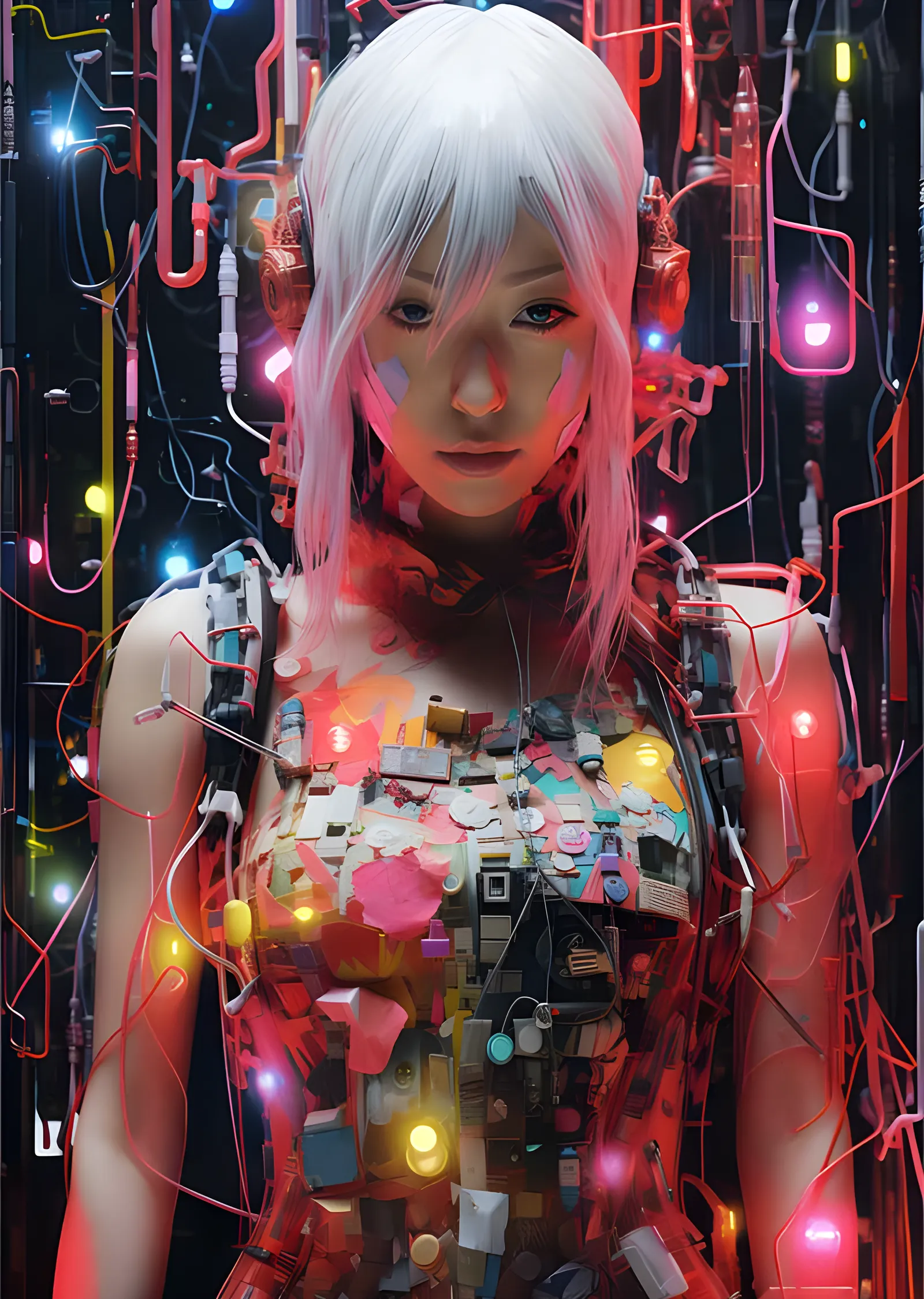 Siberpunk Yamalı Android - Beyaz Saçlı Neon Portre metal tablo