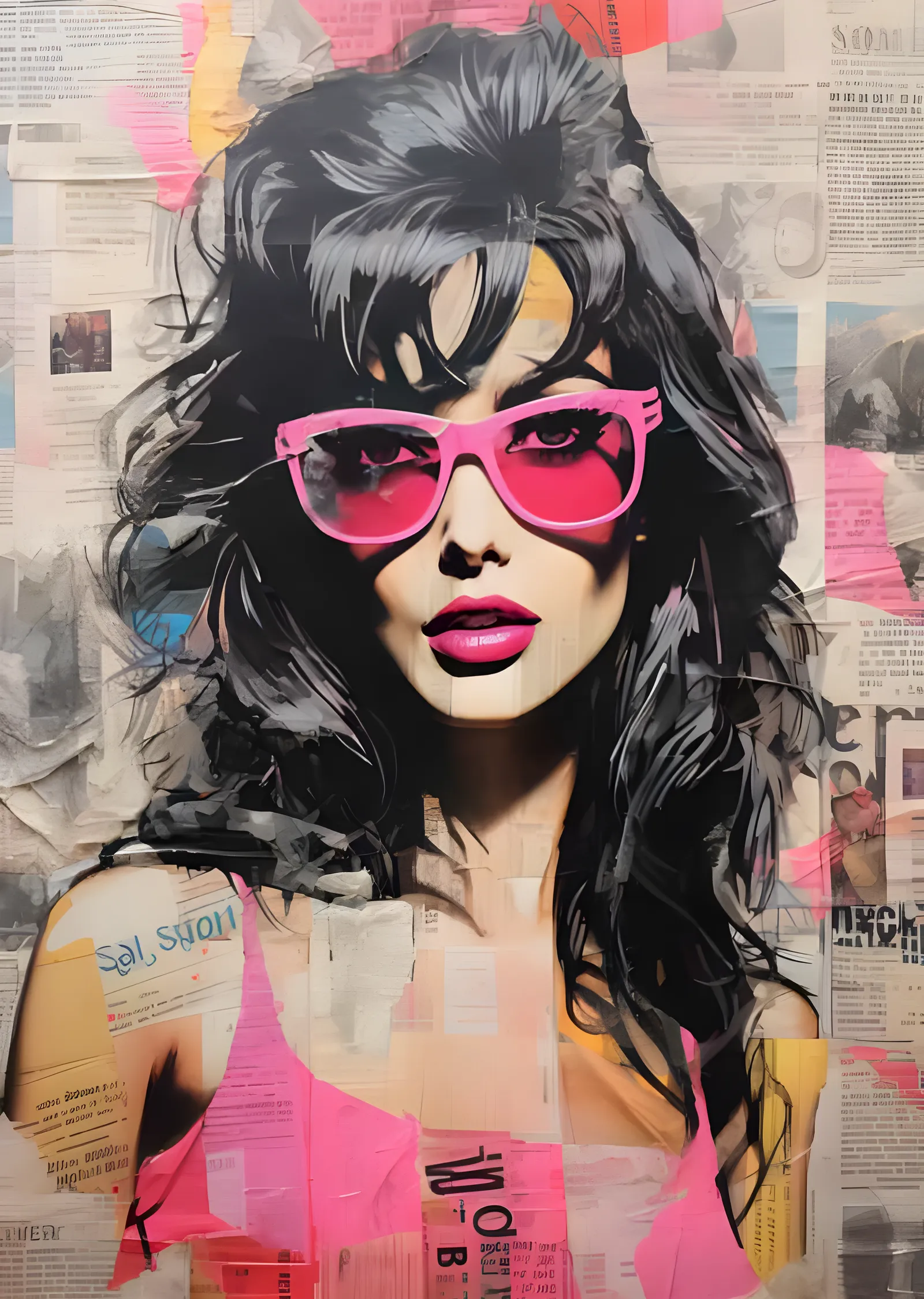 Pembe Gözlüklü Kadın - Gazete Kolaj Pop Art metal tablo