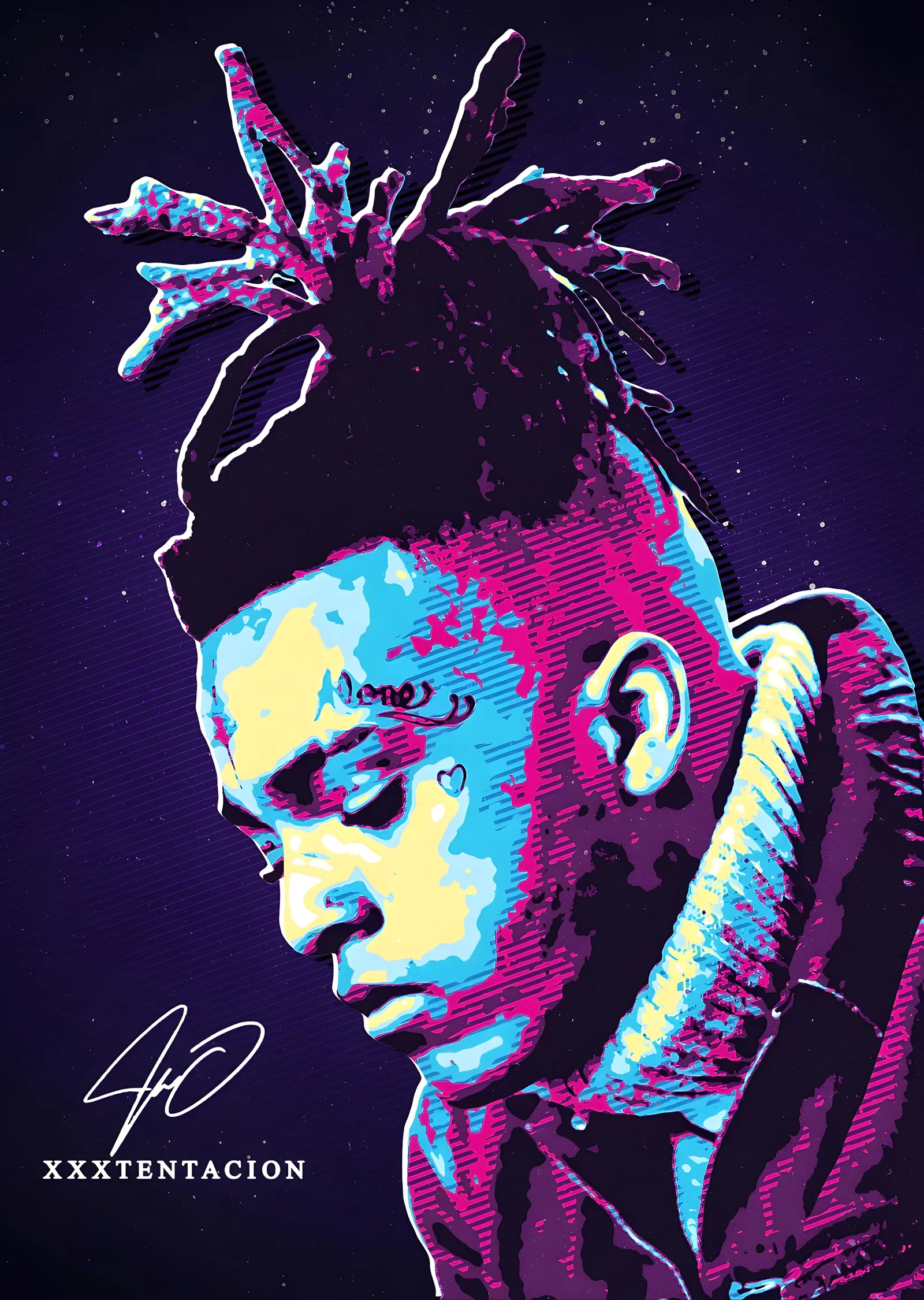 XXXTENTACION - Mor ve Mavi Tonlarında Dreadlock'lu Portre metal tablo