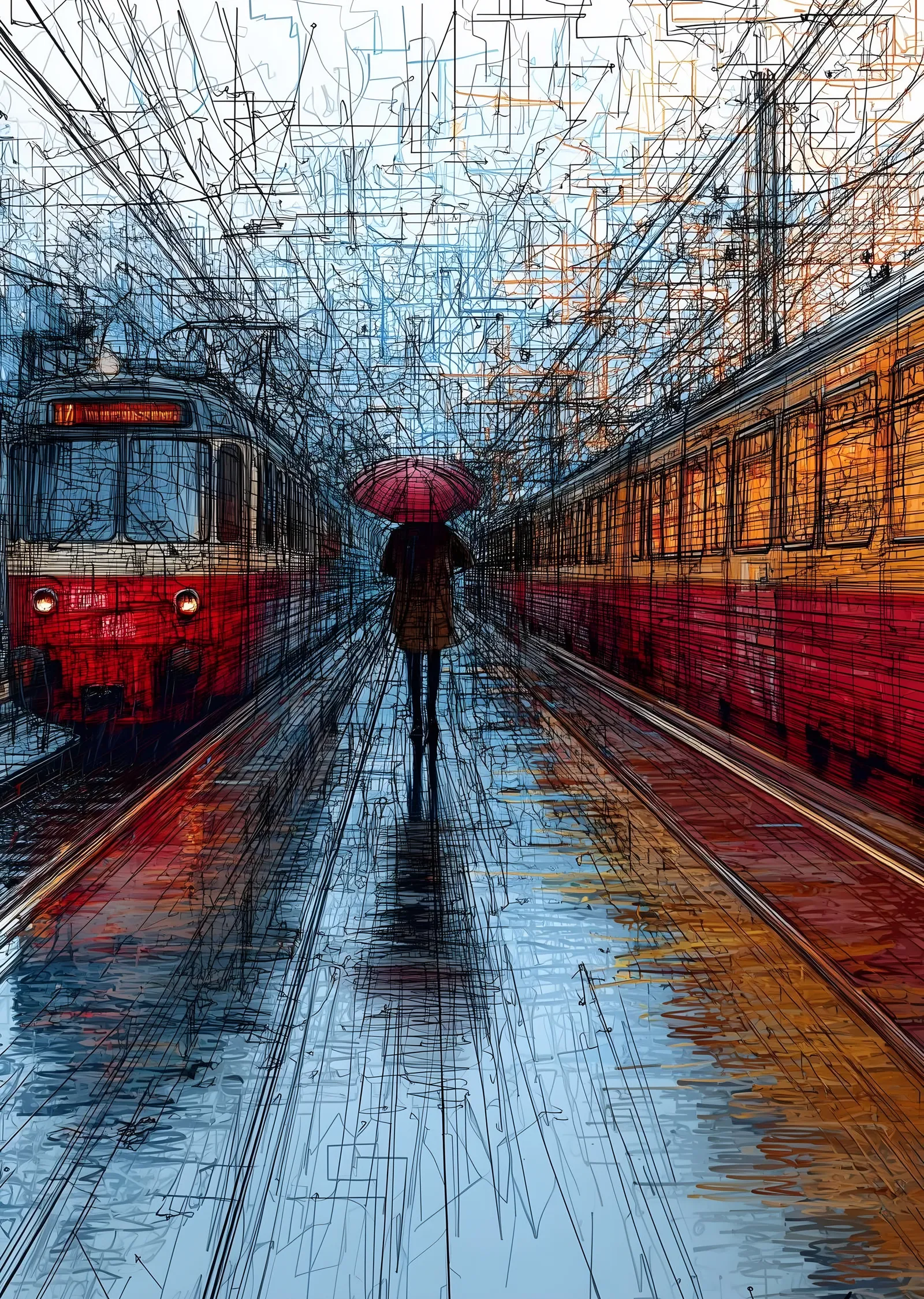 Yağmurda Tramvay ve Kırmızı Şemsiye metal tablo