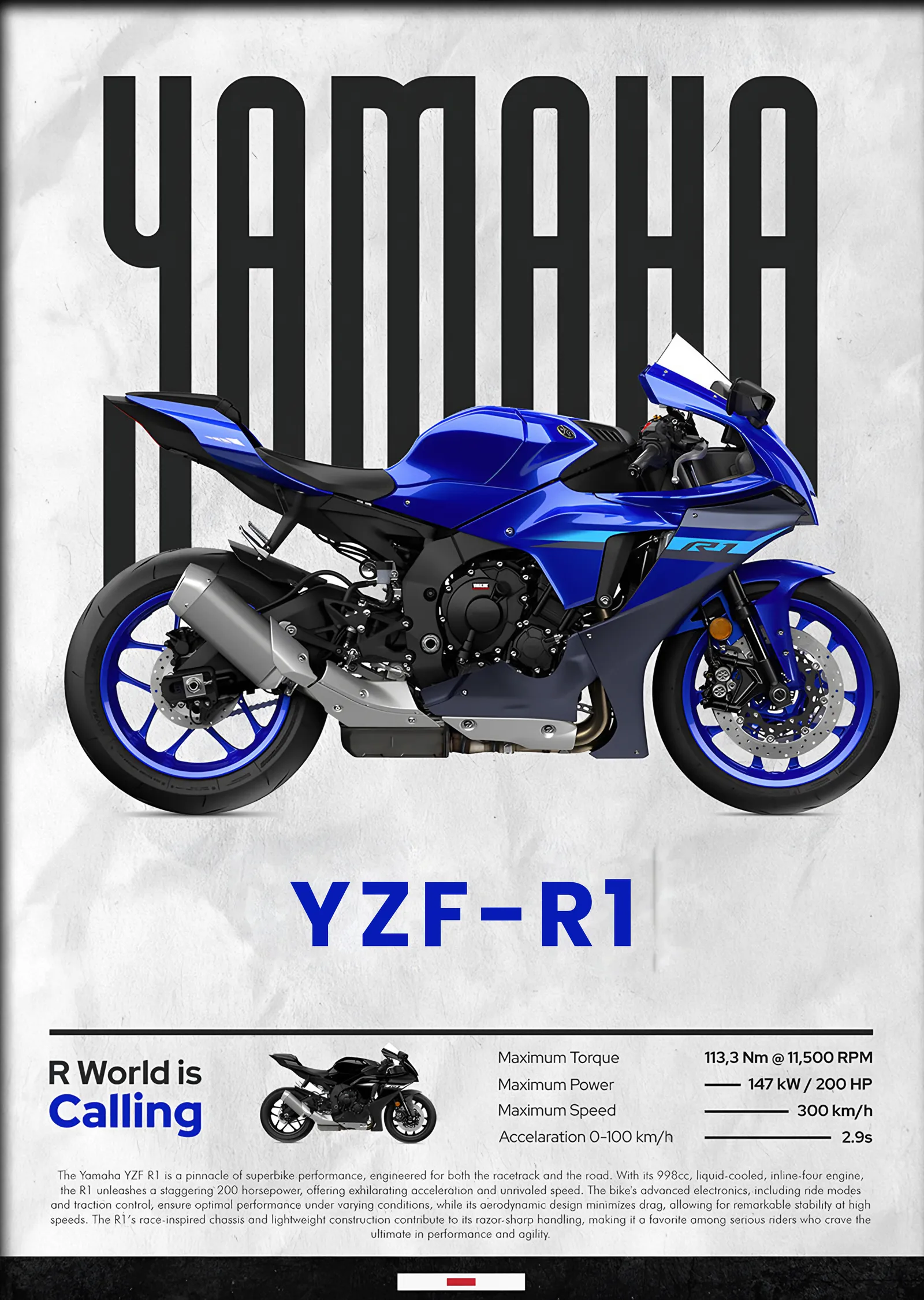 Yamaha YZF-R1 Mavi metal tablo