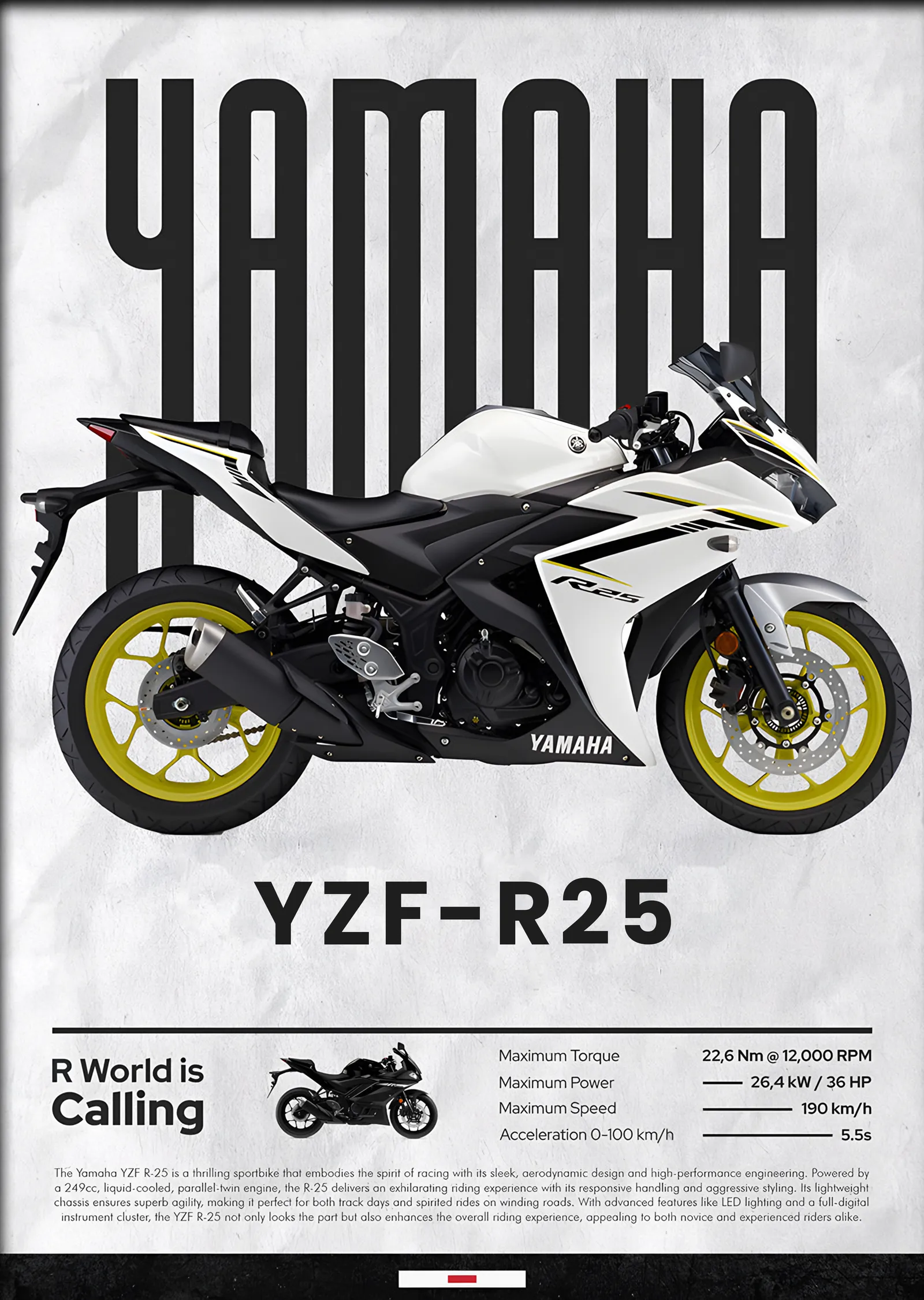 Yamaha YZF-R25 Beyaz metal tablo