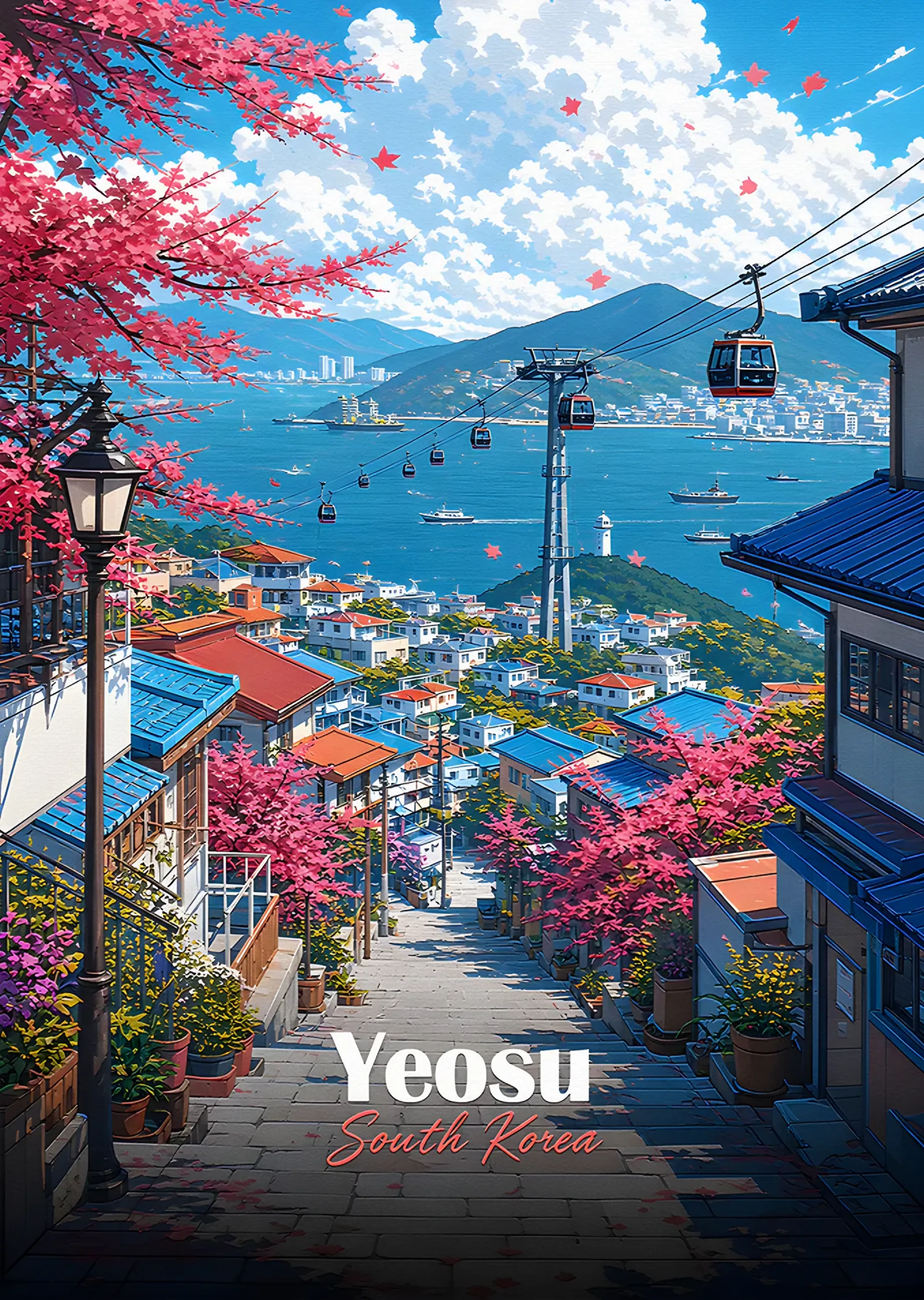 Yeosu: Kiraz Çiçekli Yokuşta Teleferik metal tablo