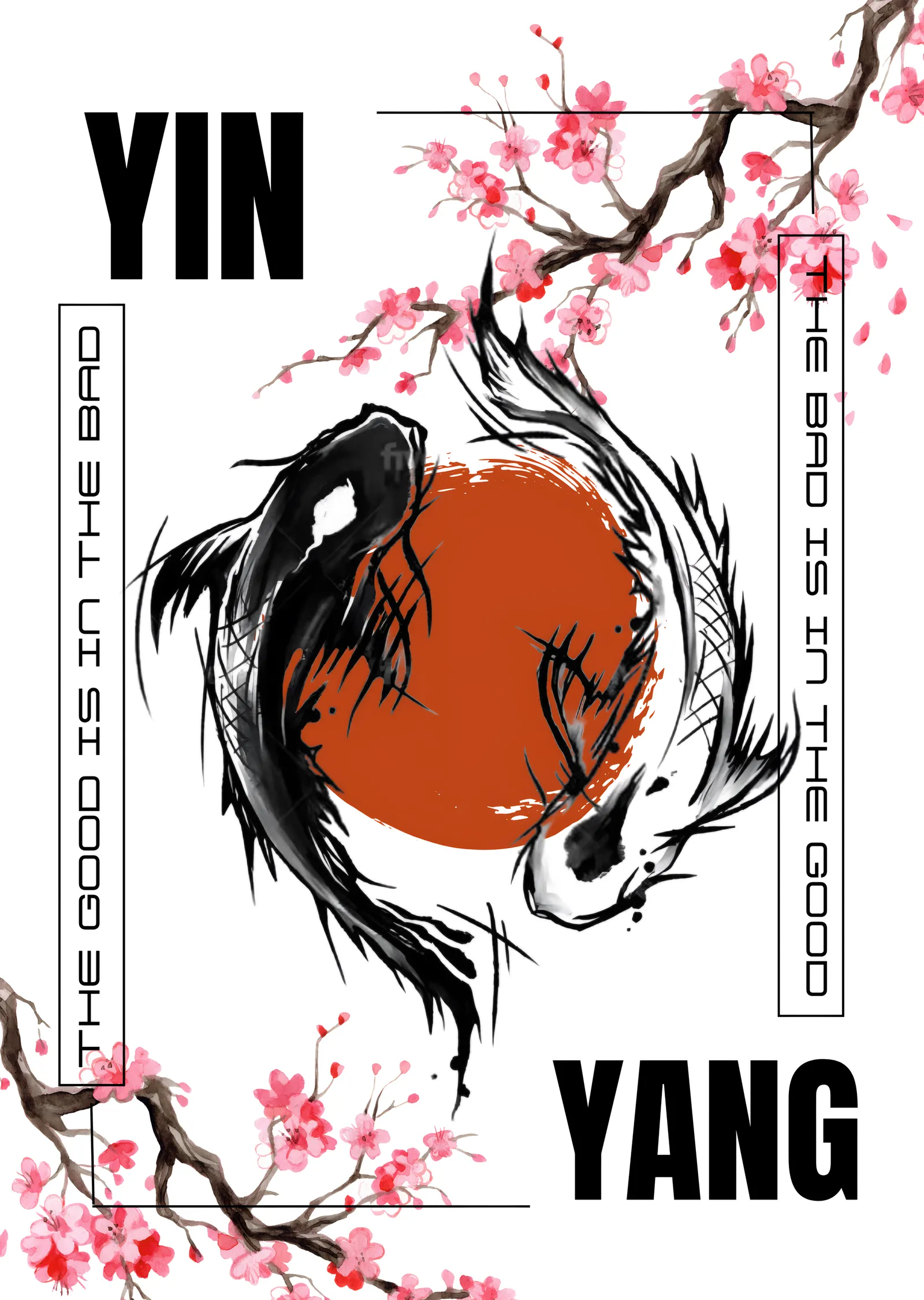 Yin Yang: Kiraz Çiçekli Koi metal tablo