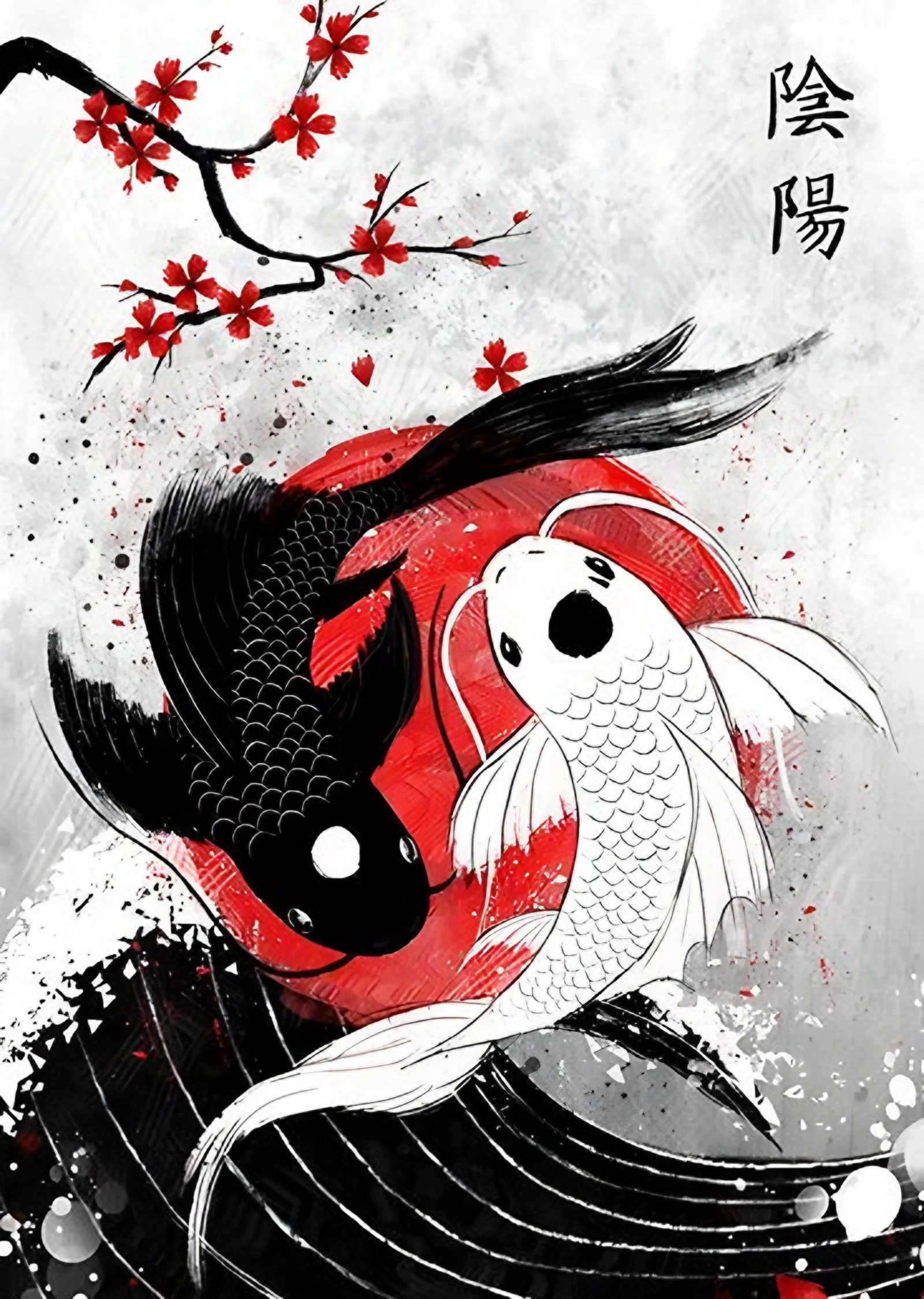 Yin Yang Koi: Kiraz Çiçekli Kompozisyon metal tablo