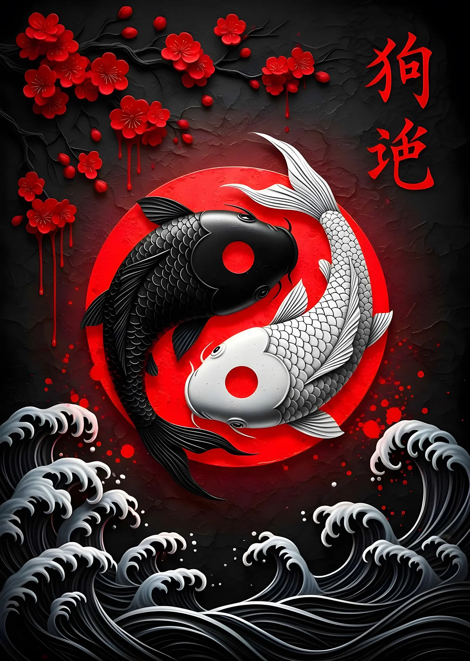Yin Yang Koi: Kırmızı Daire ve Dalgalar metal tablo
