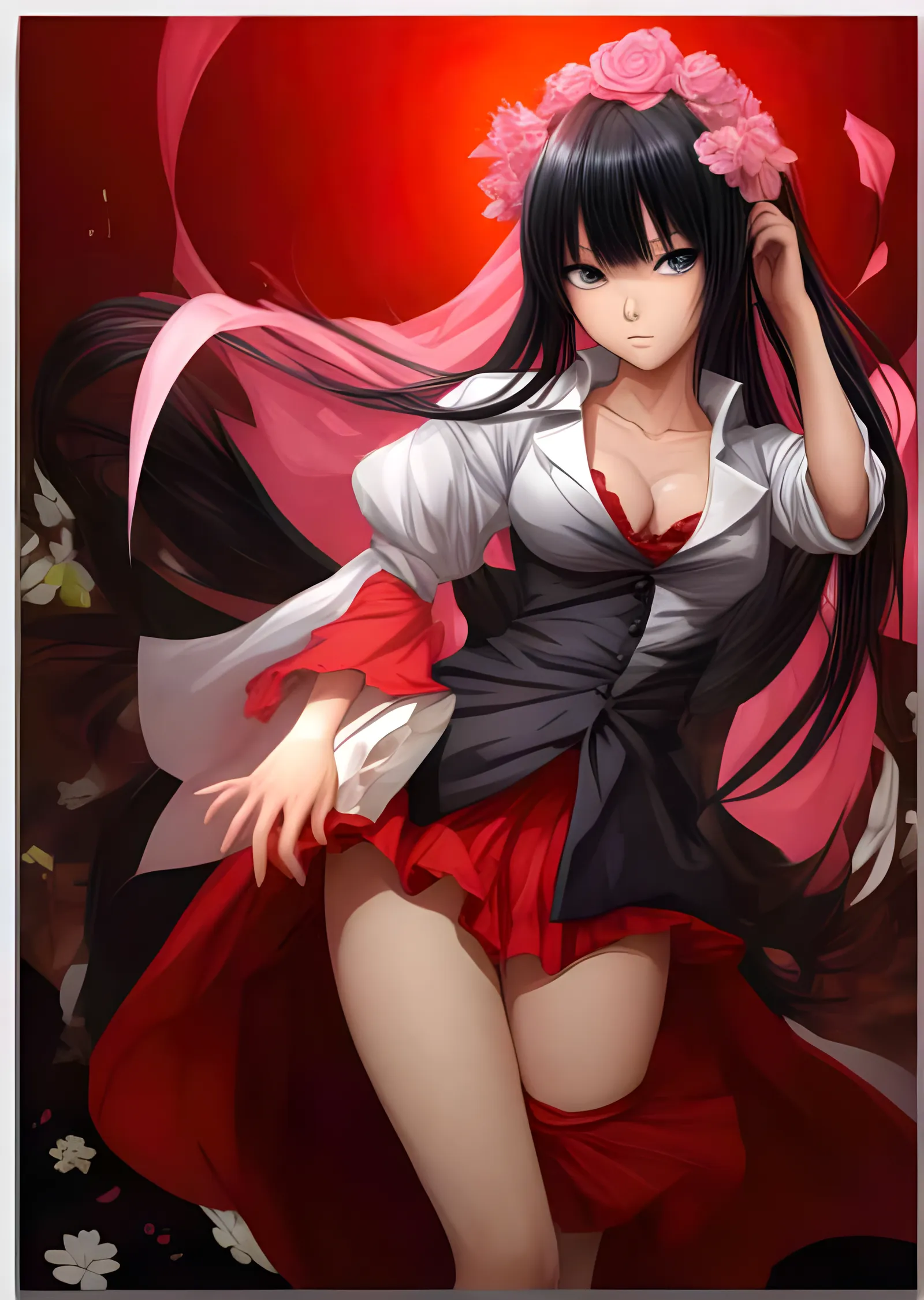 Kızıl Fonda Çiçek Taçlı Anime Kız metal tablo