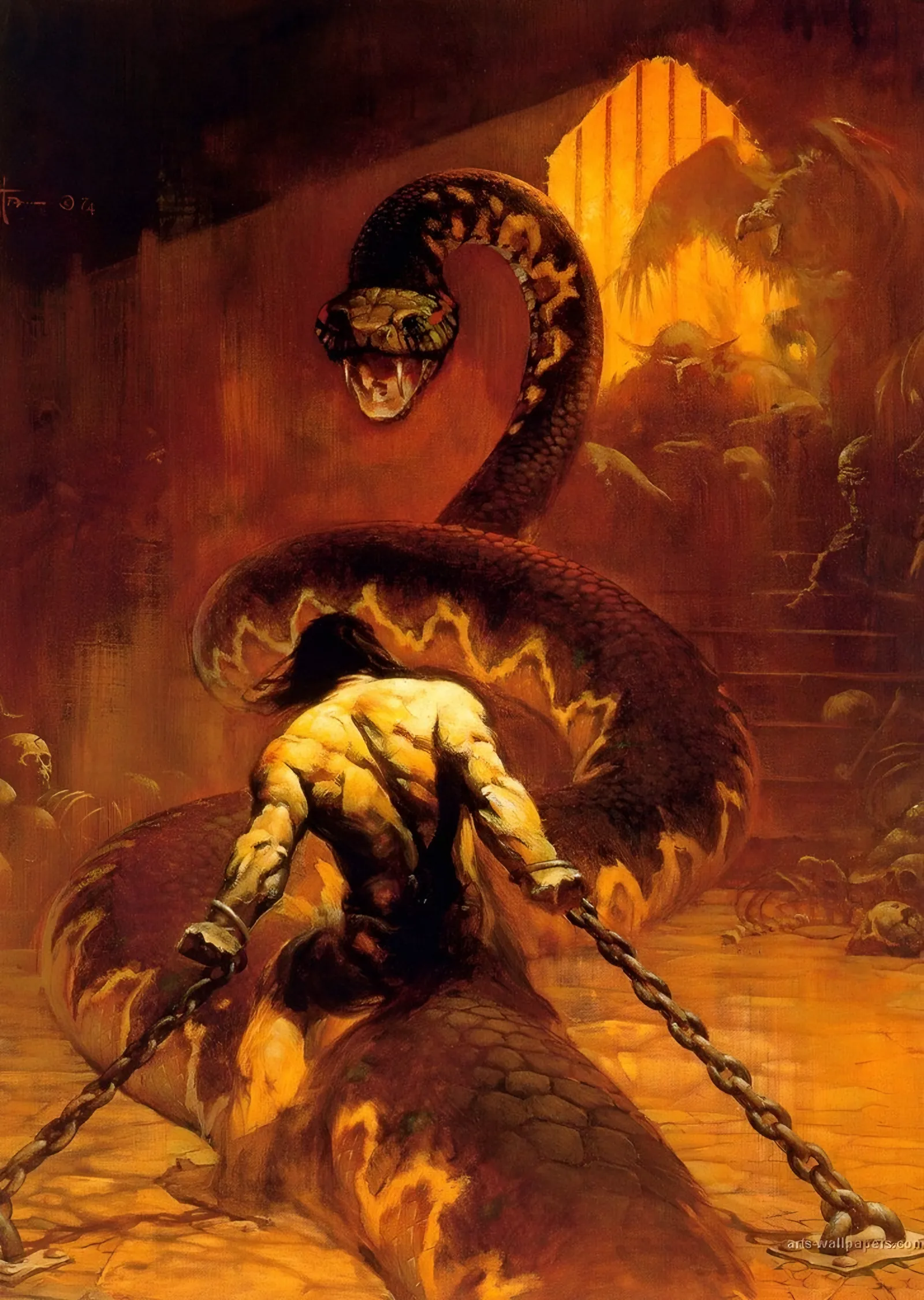 Zincirli Savaşçı ve Dev Yılan - Frank Frazetta metal tablo