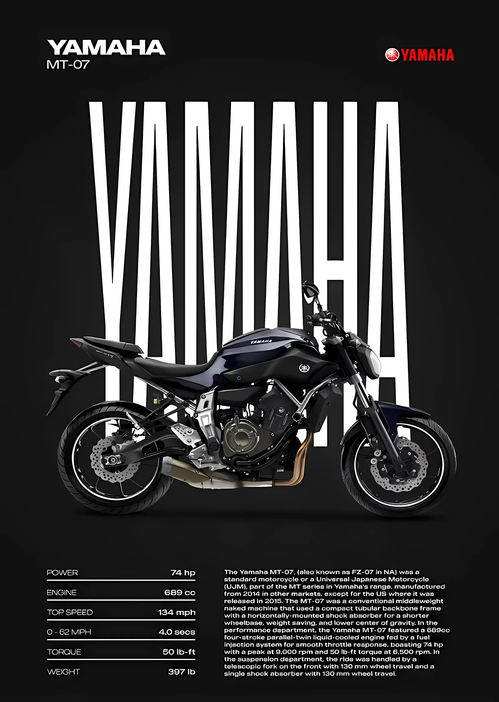 Yamaha MT-07 - Siyah Zemin metal tablo