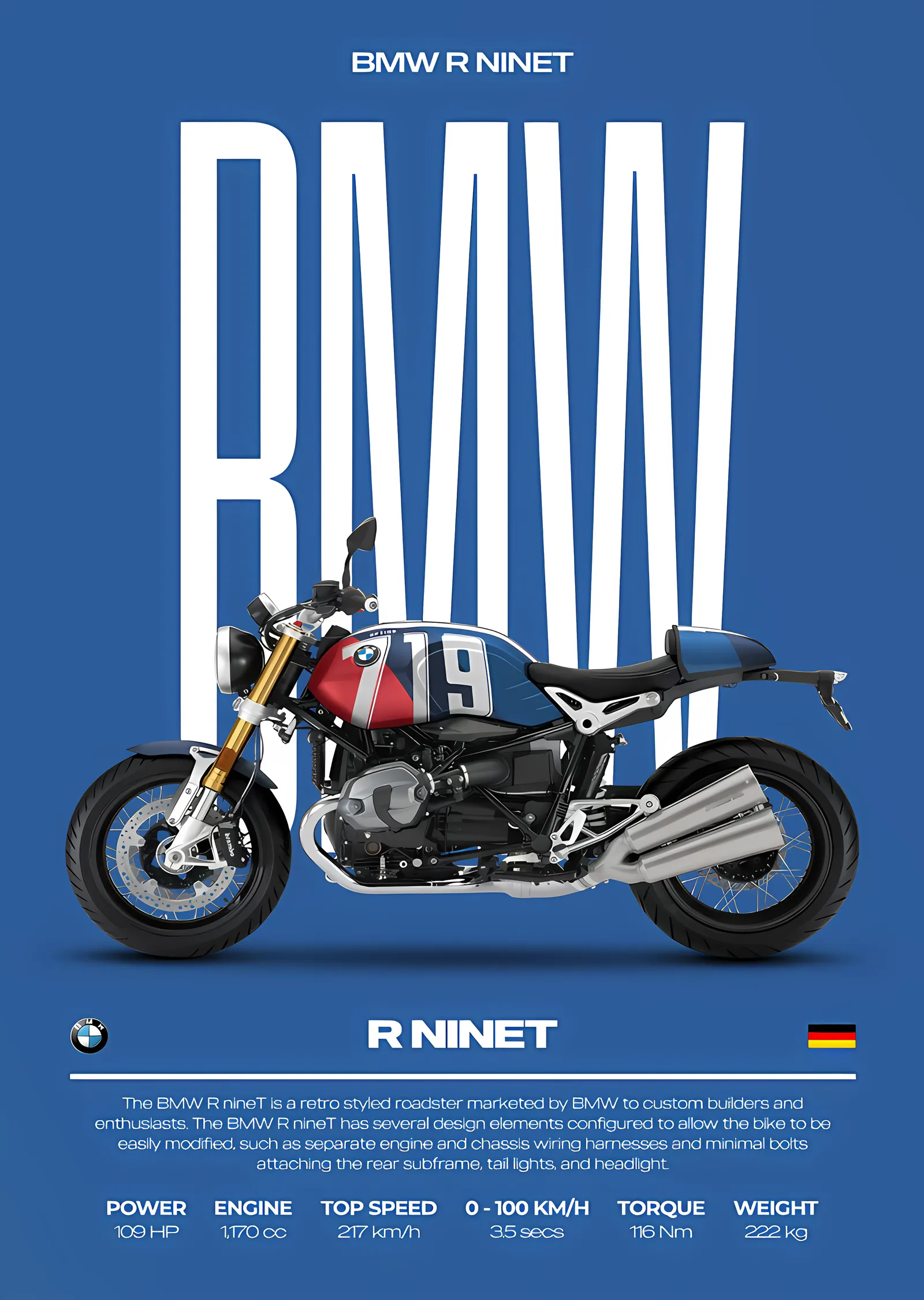 BMW R nineT - Mavi Zemin metal tablo